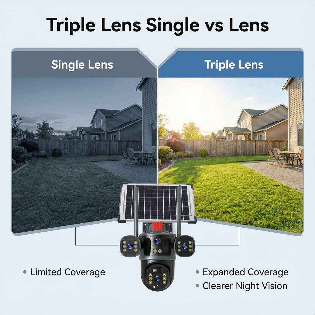 Großhandels-Solar-Überwachungskamera mit drei Objektiven, 6 MP HD, KI-Personenerkennung, 15-Tage-Akku