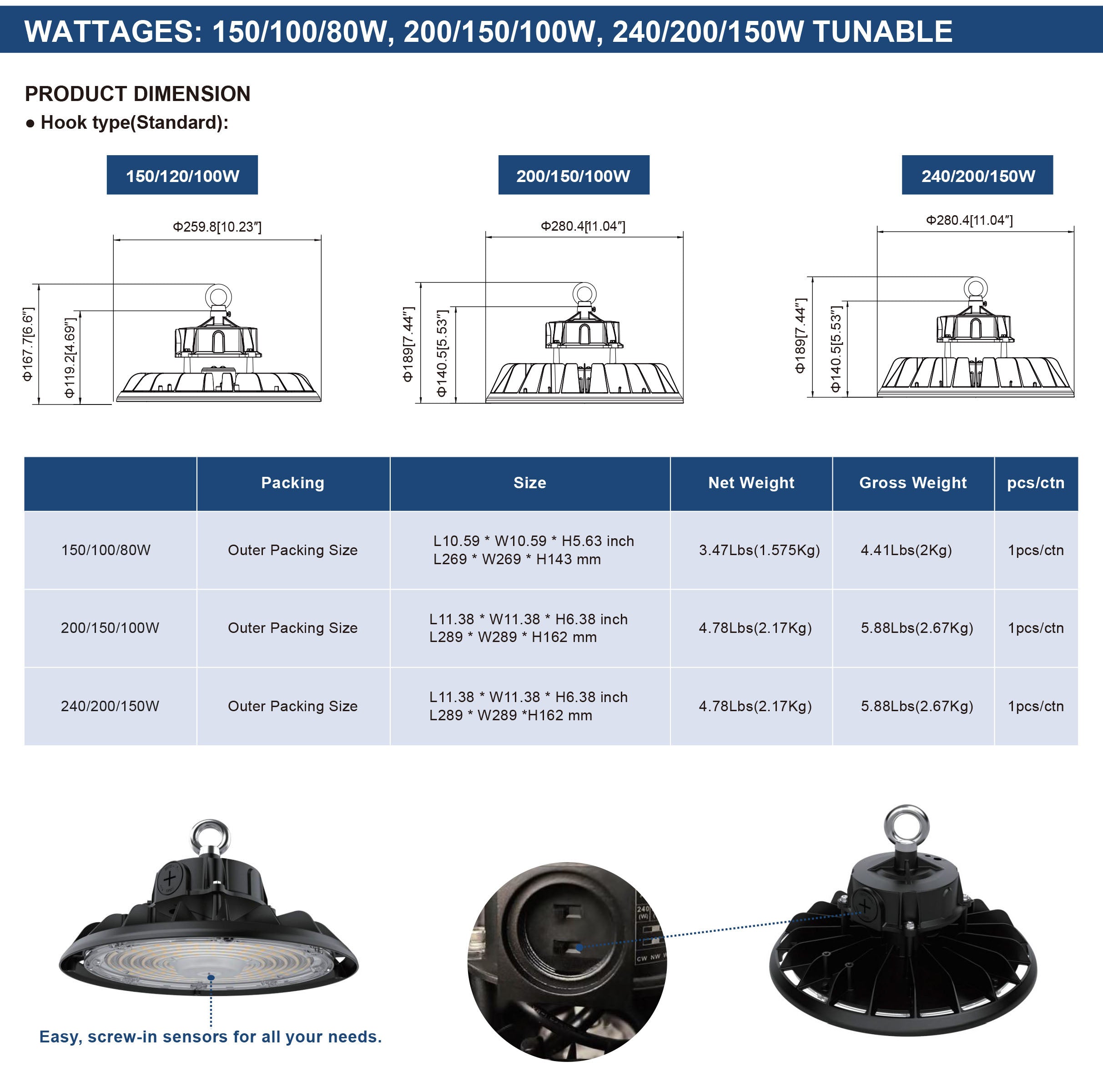 150W/100W/80W Tunable CCT High Bay LED Light for Warehouses & Industrial Use