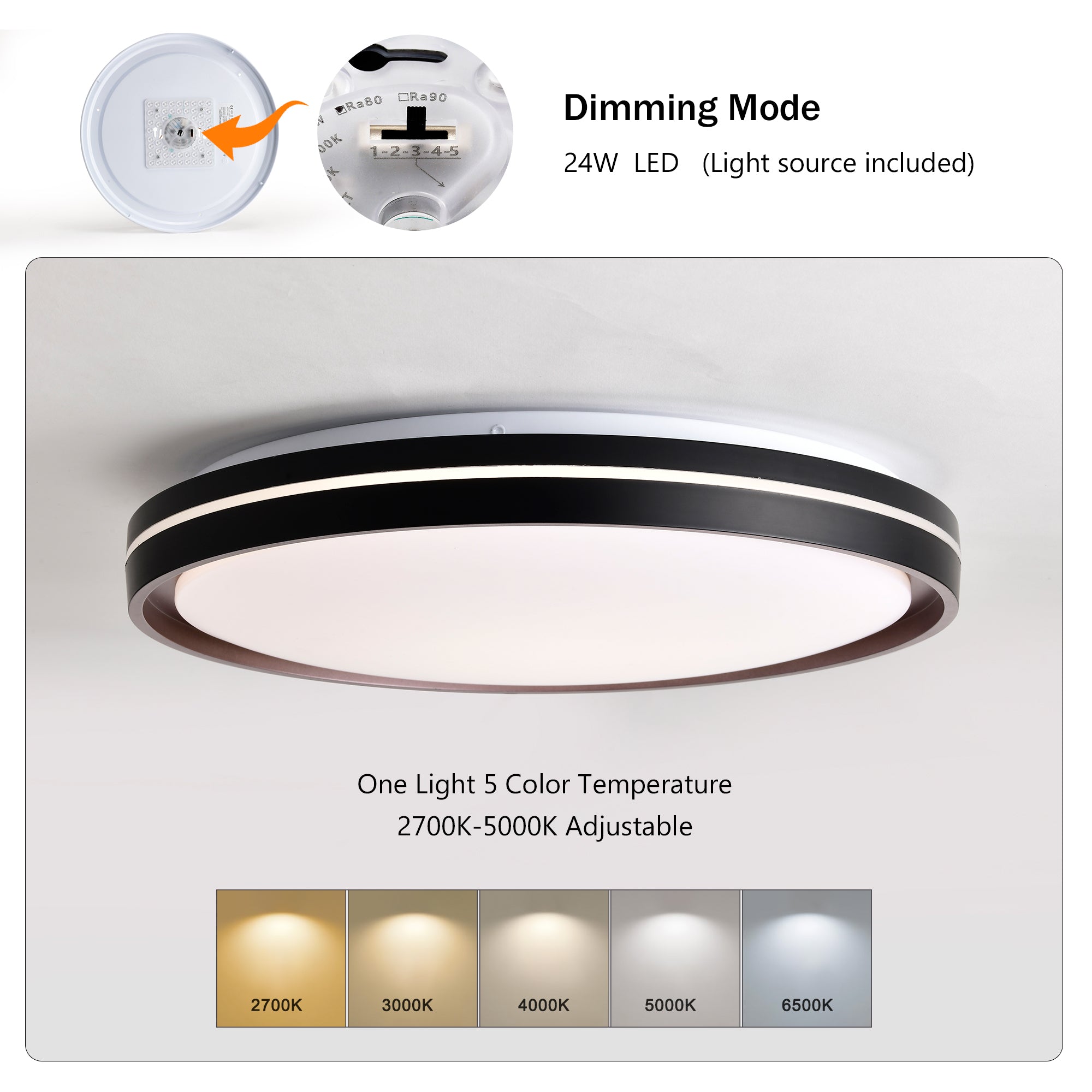 15.75 in LED Ceiling Light Fixture 24W, 2400LM, 5 CCT Colors