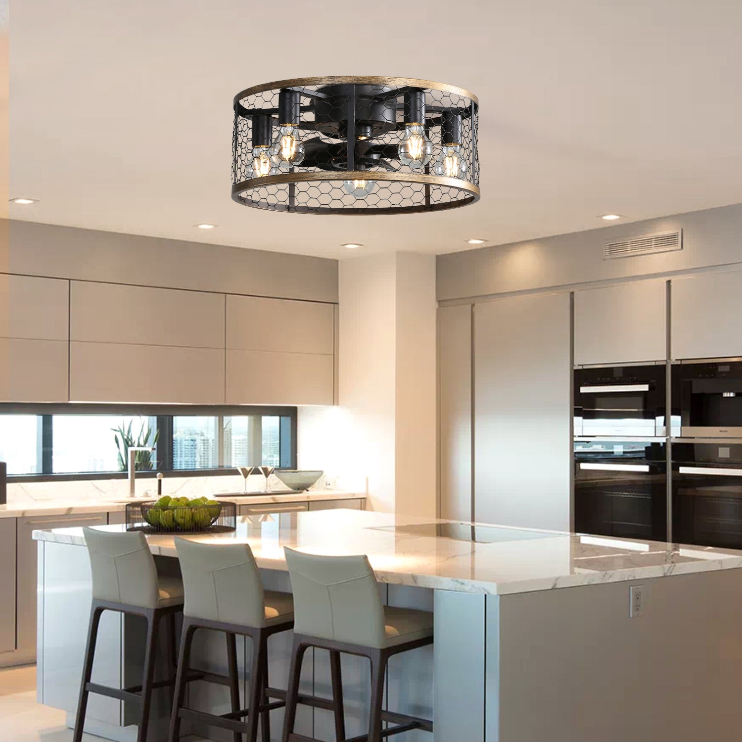 20 Inch Caged Ceiling Fan with Light and Remote - Low Profile Farmhouse Industrial Fan