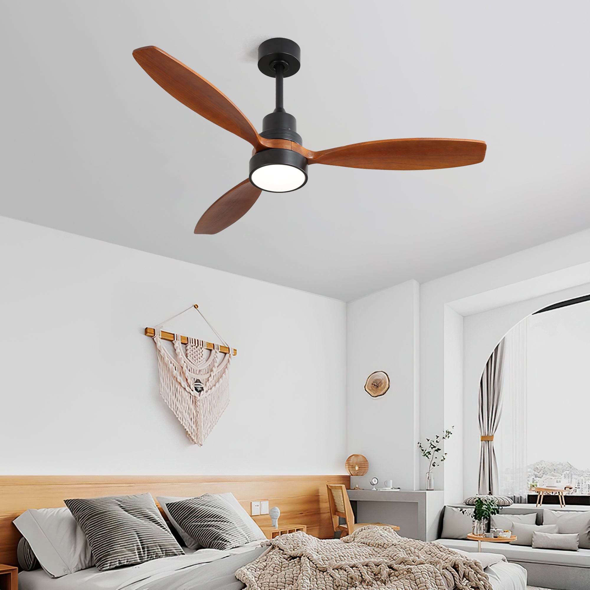 52 Inch Wooden Ceiling Fan With 3 Solid Wood Blades Remote Control