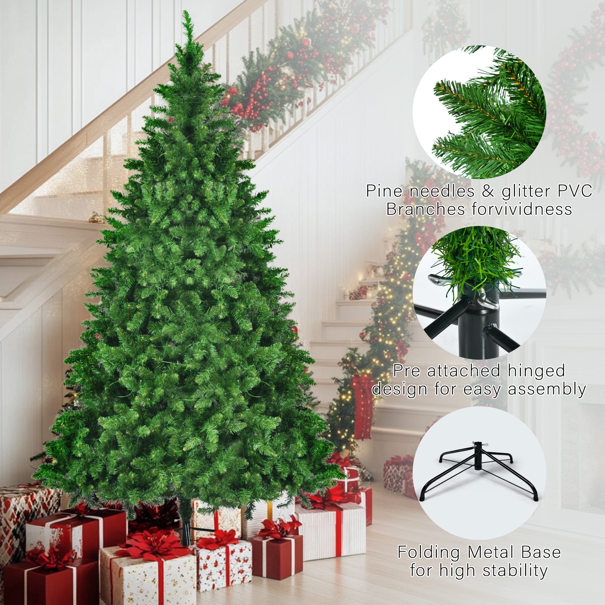 8FT, 6FT, 4FT Pre-Lit Green Pine Artificial Christmas Trees