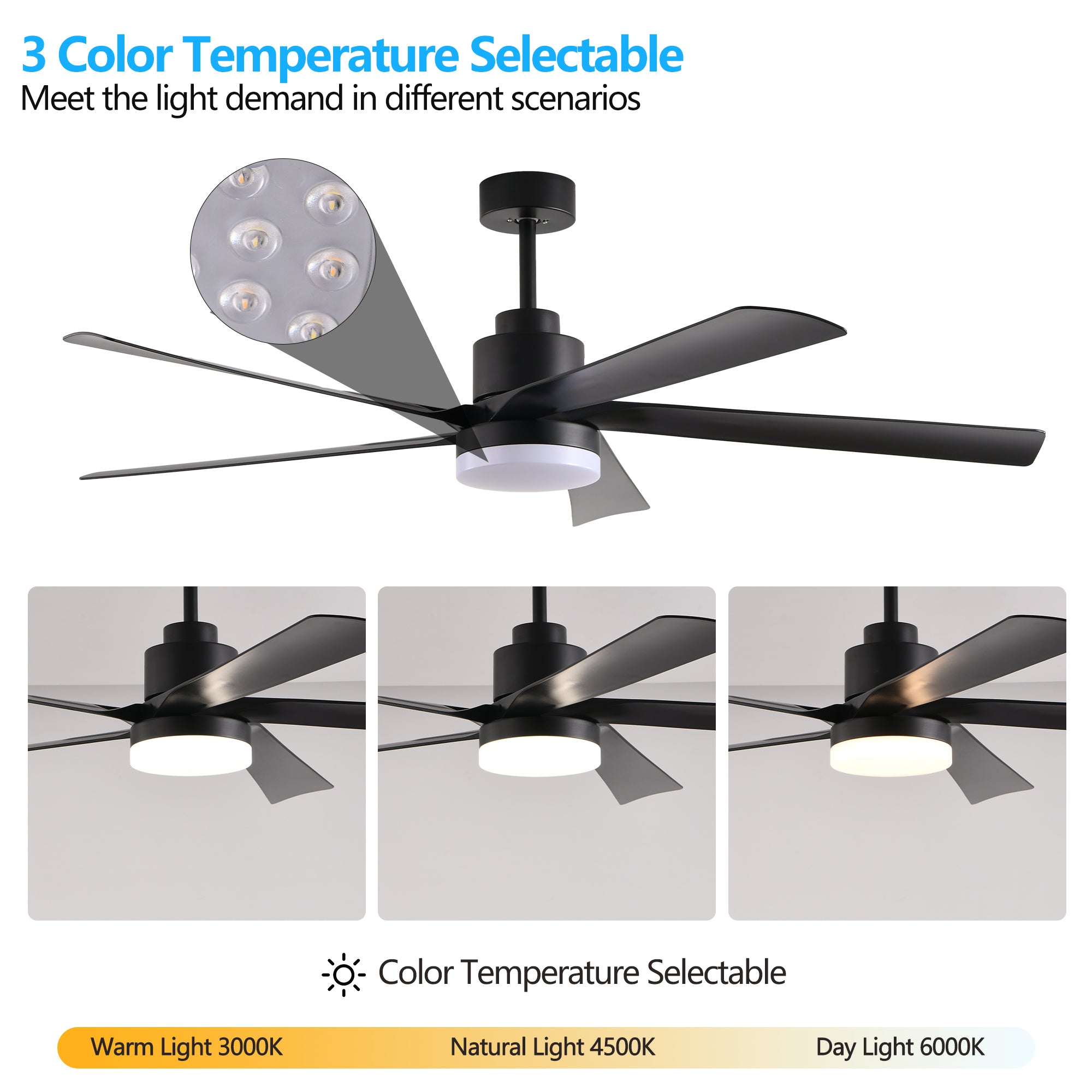 65 Inch Black Quiet Design Ceiling Fan with Light