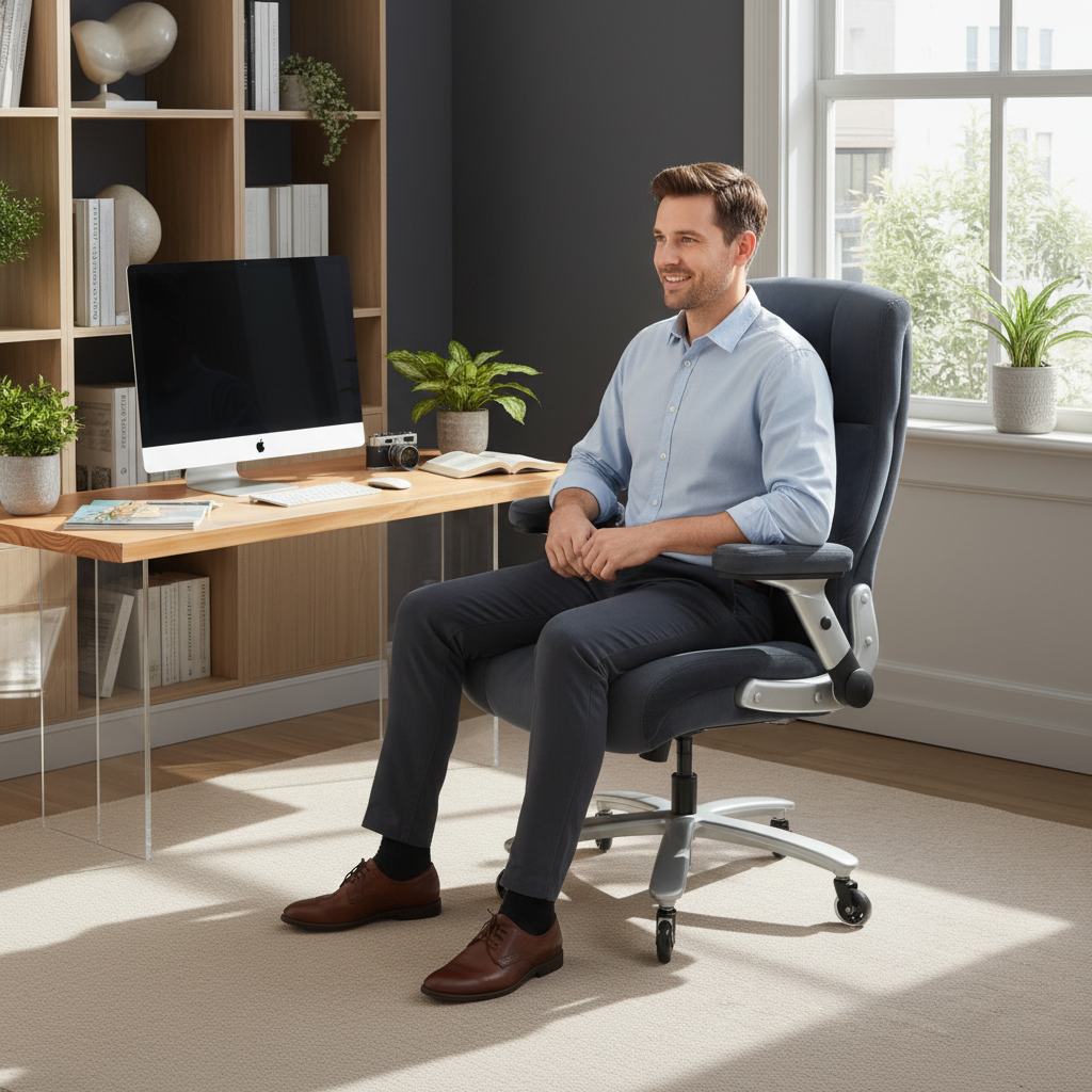 American remote worker in home office with ergonomic chair