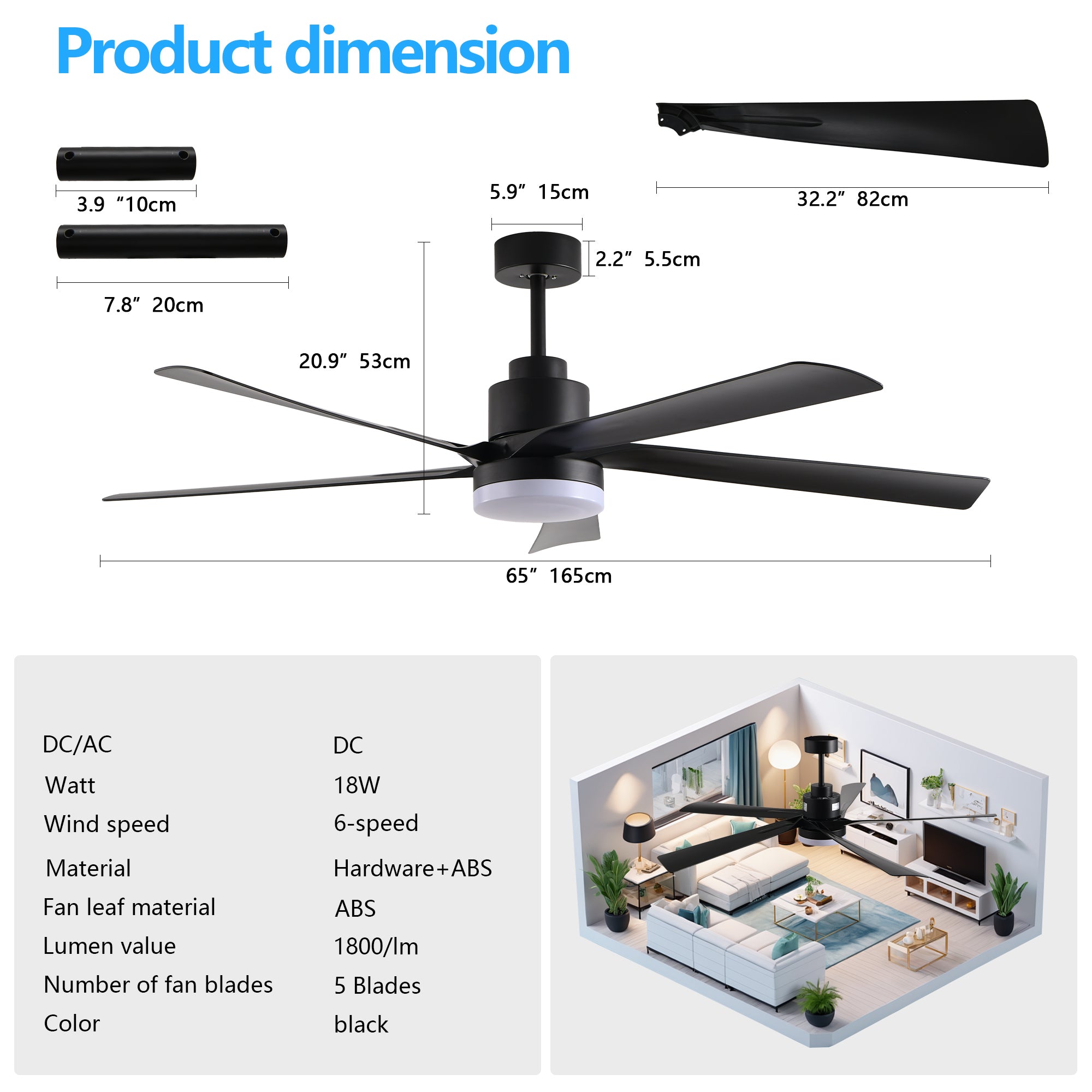 65 Inch Black Quiet Design Ceiling Fan with Light