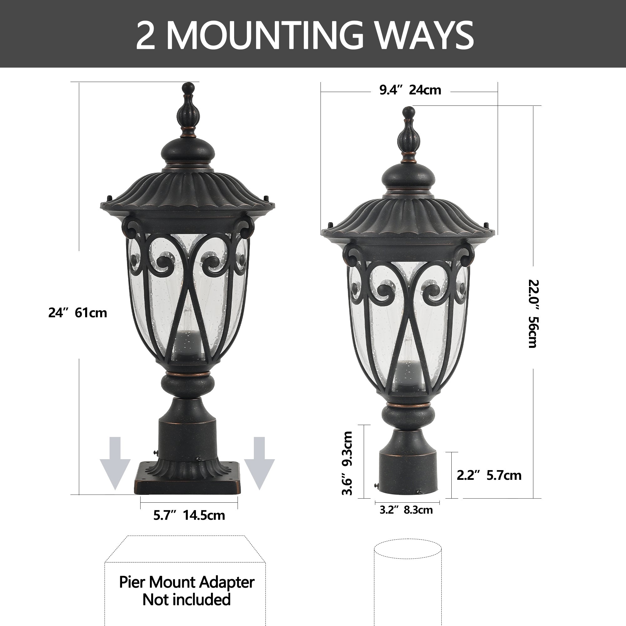 24" Aluminium Vintage Black Outdoor Post Lantern 1 Light