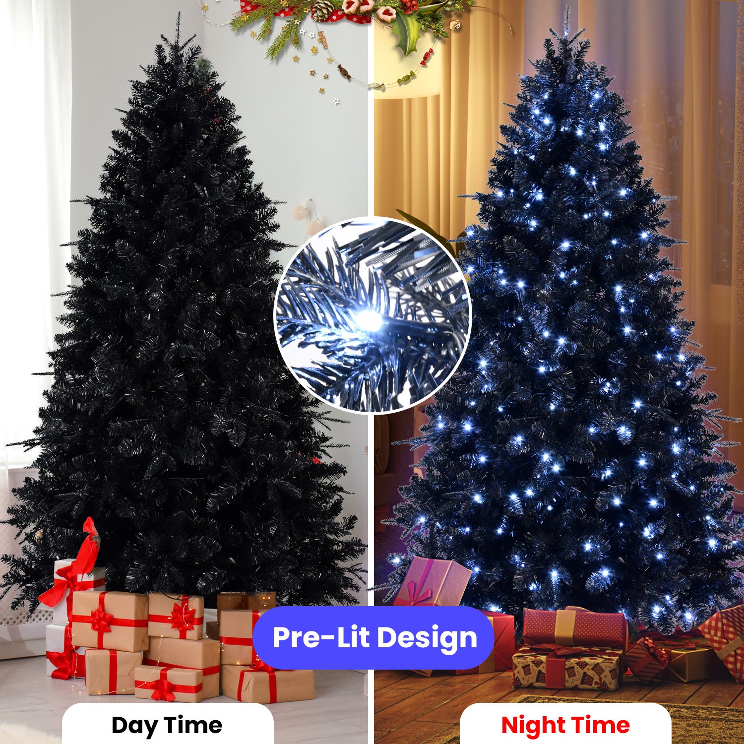 8ft Pre-Lit Black Christmas Tree