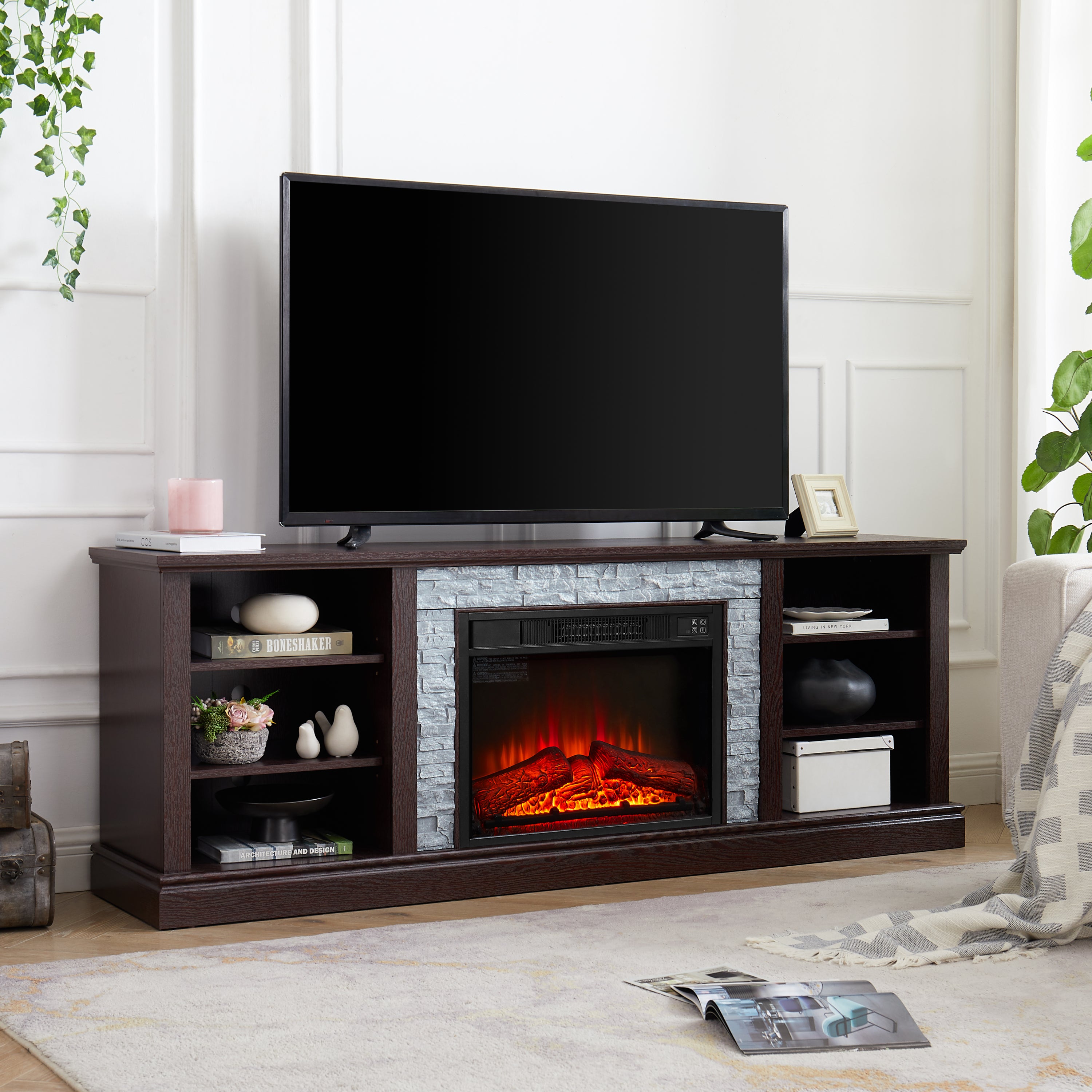 75" Large TV Media Stand with 23" Fireplace Insert