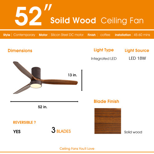 52 Inch Flush Mount Ceiling Fan with LED Light and Remote - Solid Wood Blades