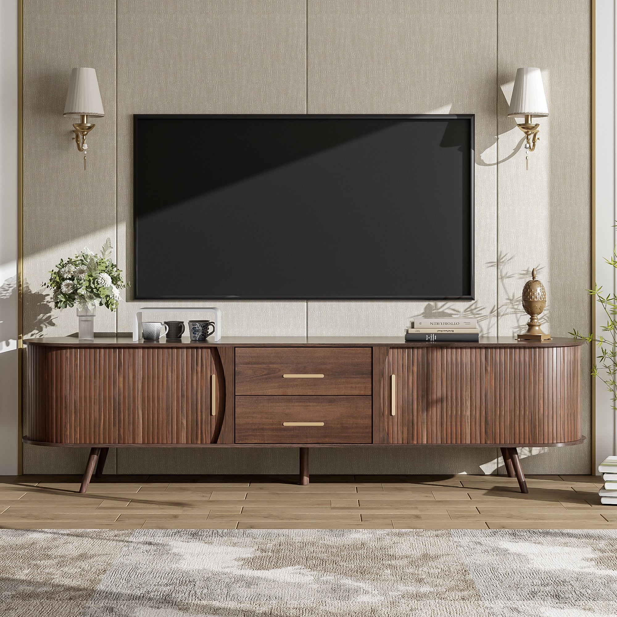 Mid-Century Modern TV Stand for 80 Inch TV - Large Entertainment Center with 2 Drawers & Storage for Living Room