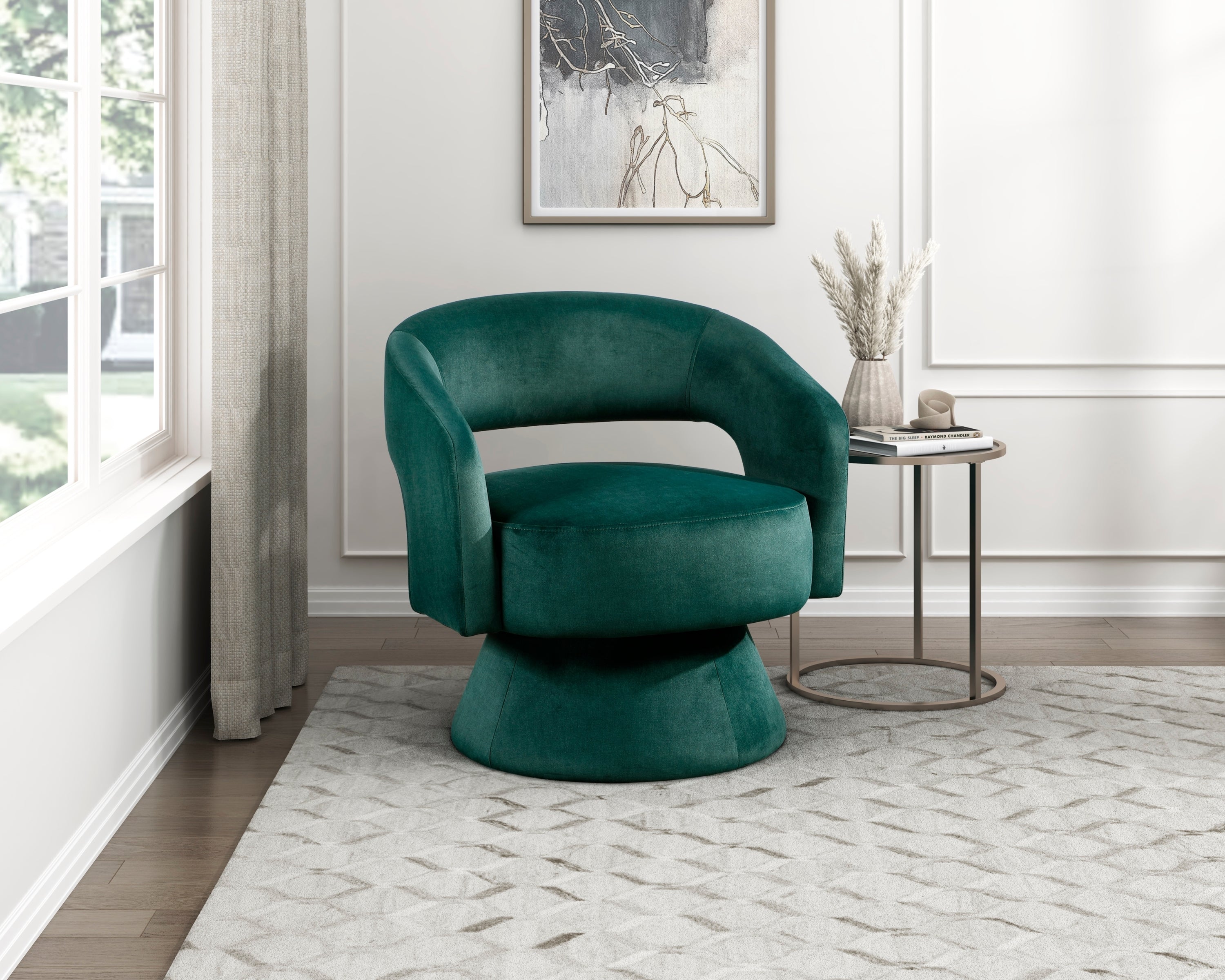 Green Velvet Upholstery Solid Wood Stylish Modern Luxury Swivel Accent Chair