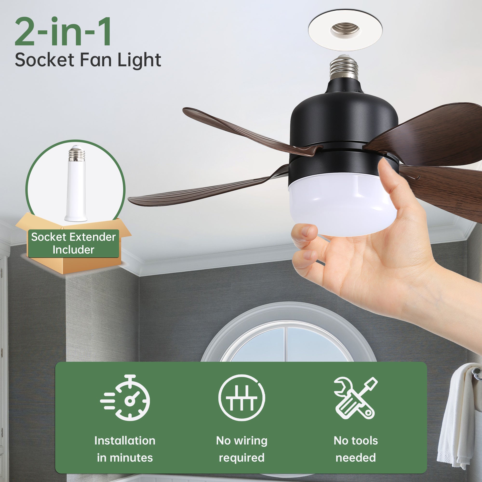 16 Inch Black Socket Light Ceiling Fans with 3 Lighting Color