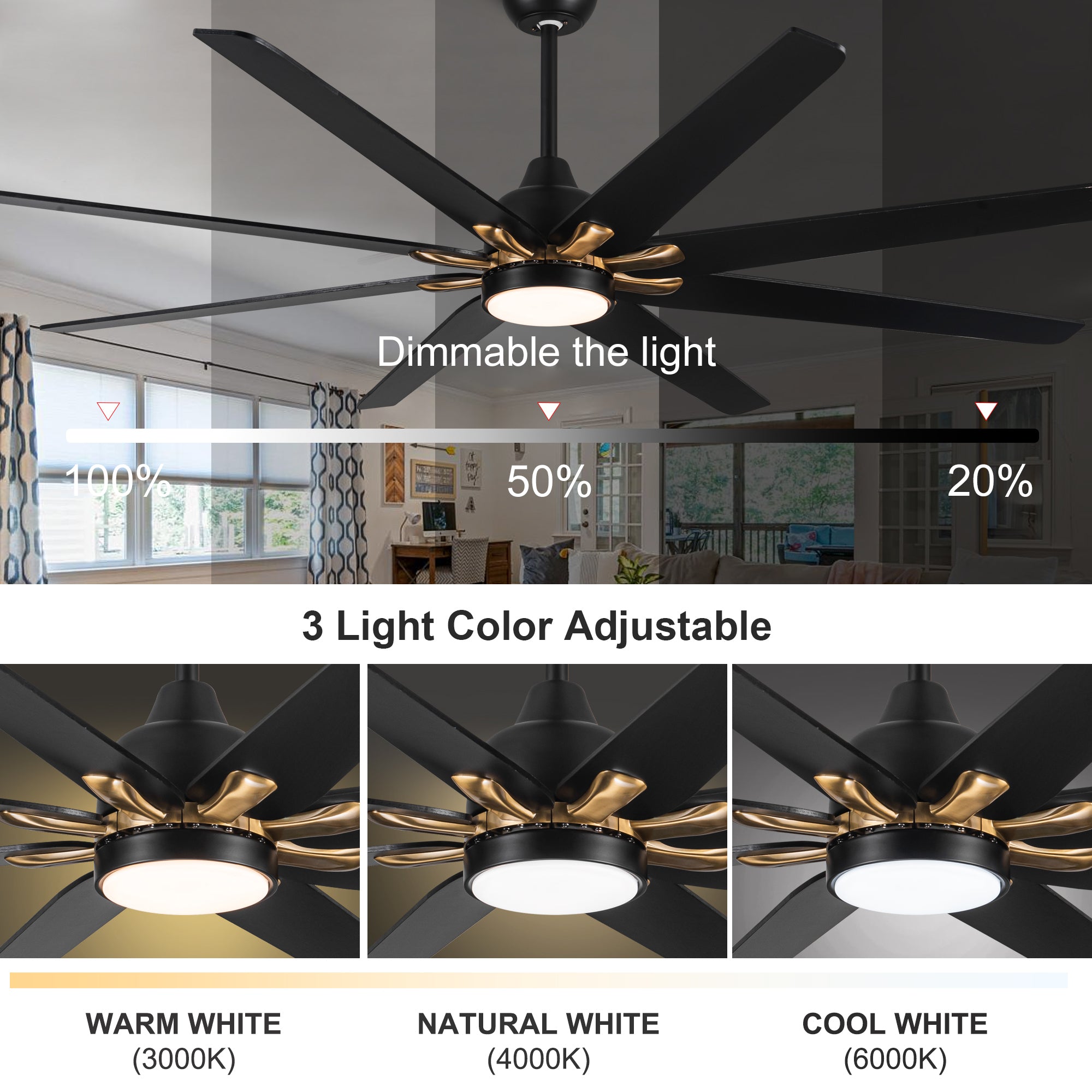 72 In Modern 8 Blades 24W  Ceiling Fan Lighting with Remote Control