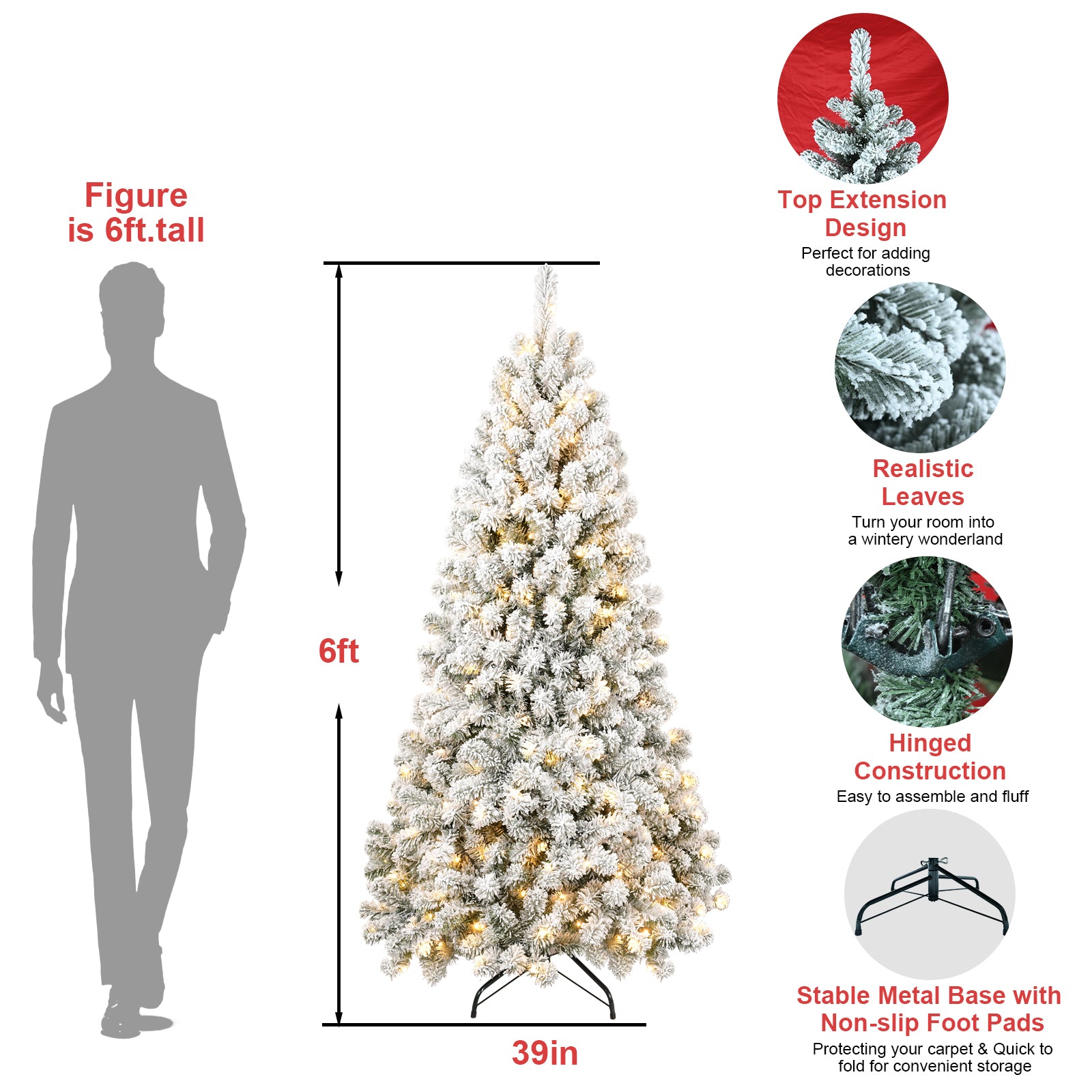 6FT Pre-lit Flocked Christmas Tree with 760 Memory Wire Tips