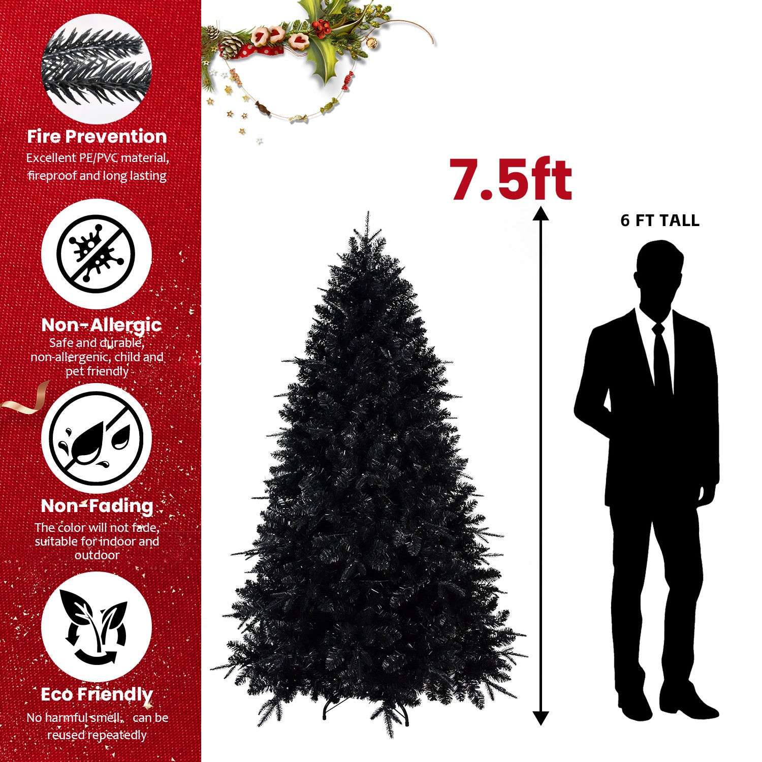 8ft Pre-Lit Black Christmas Tree