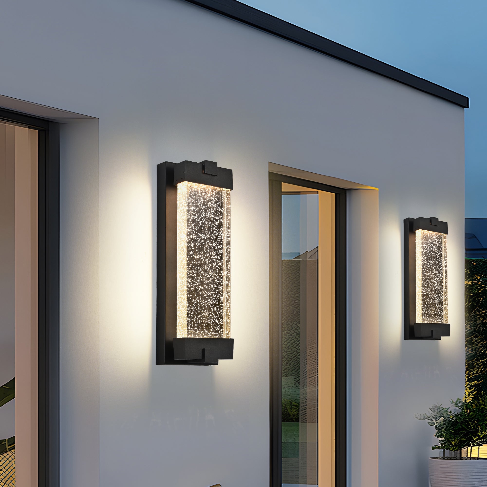 Black Aluminum Finish Outdoor Wall Light with Bubble Crystal Glass 3000K Warm Light