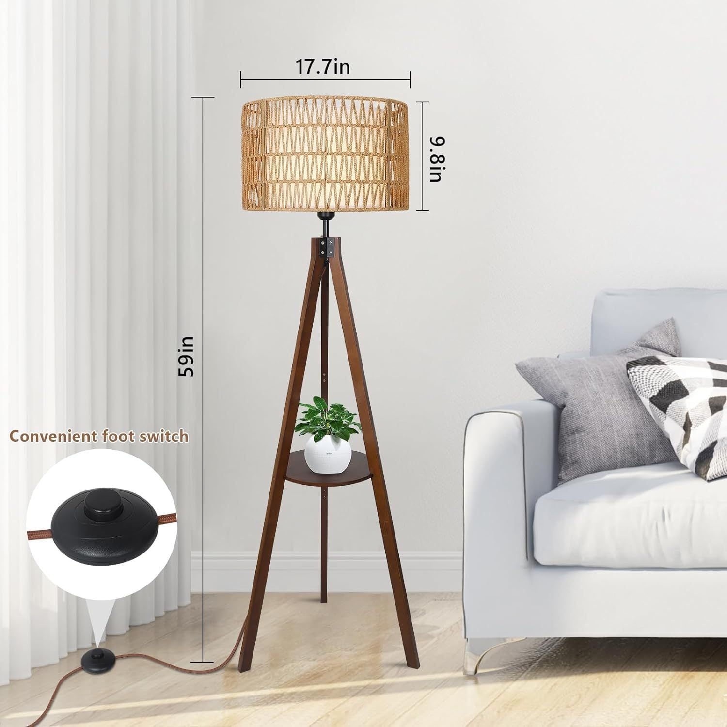 Boho Tripod Floor Lamp with Shelves