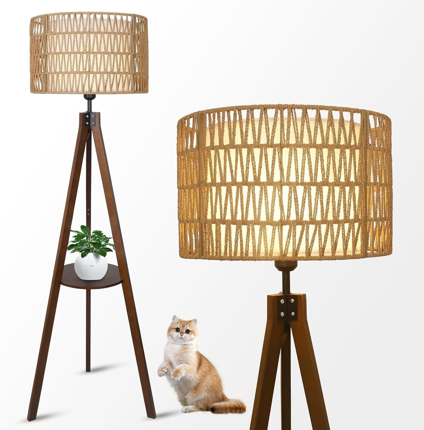 Boho Tripod Floor Lamp with Shelves