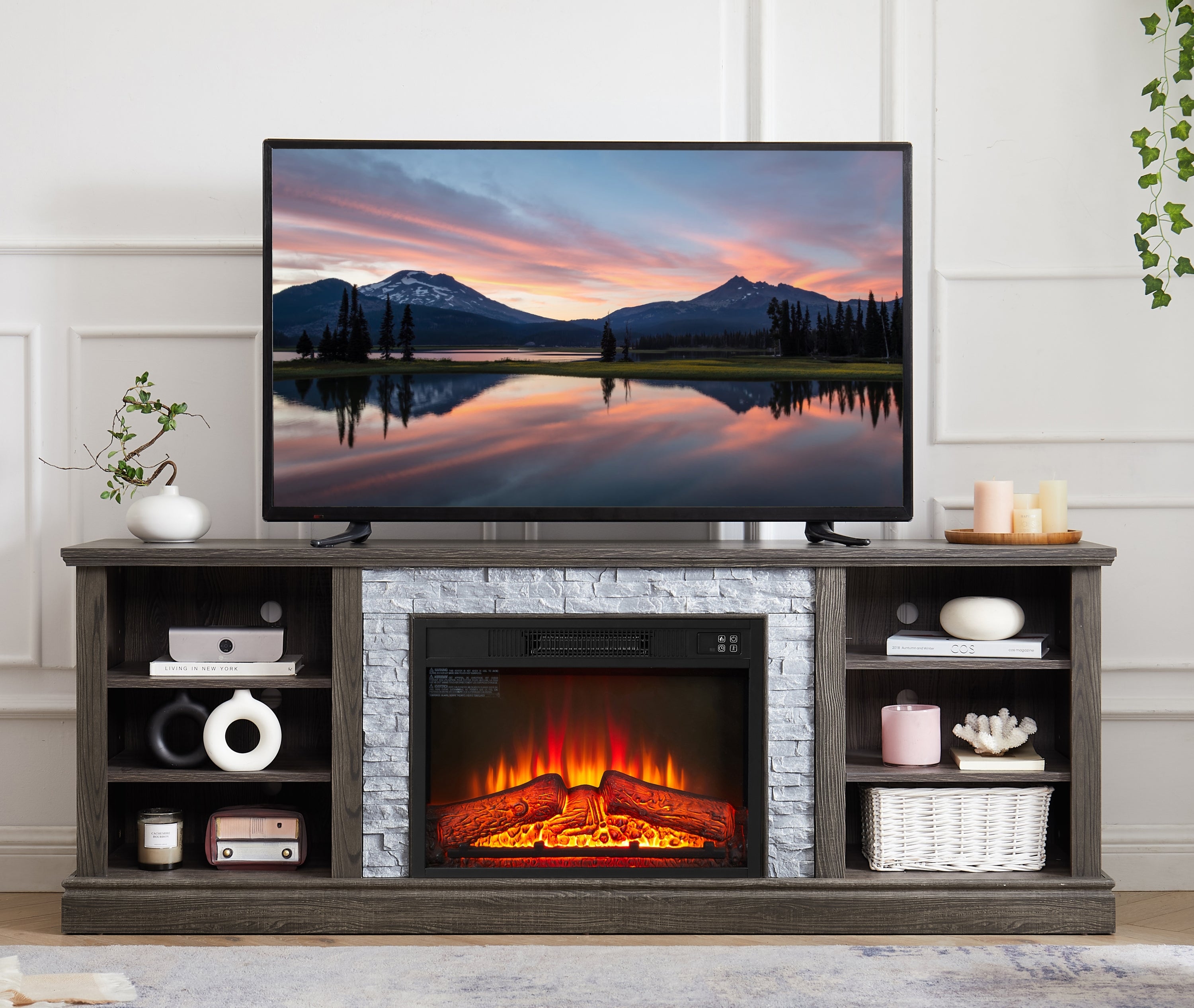 75" Large TV Media Stand with 23" Fireplace Insert