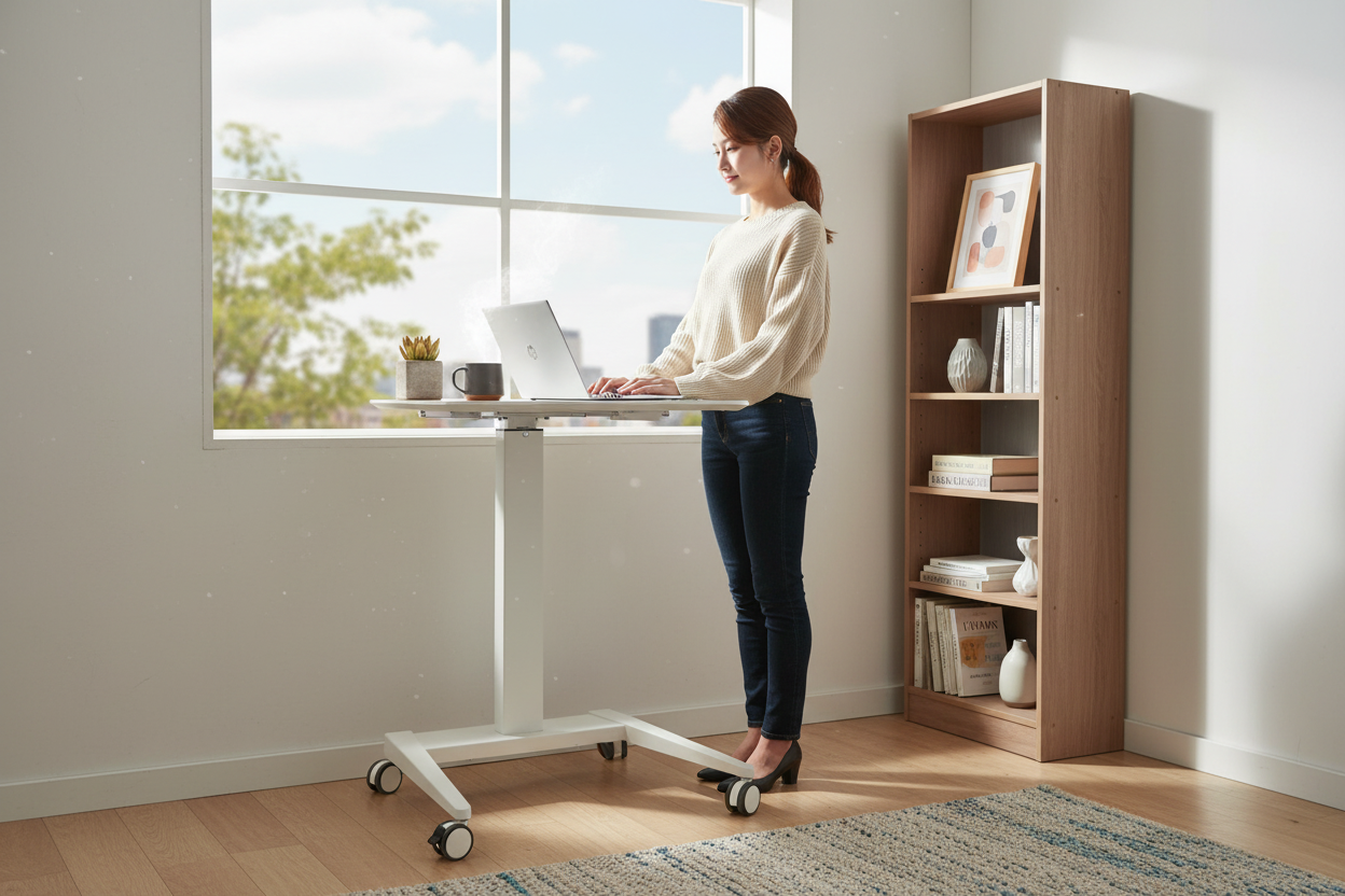 Compact standing desk in small apartment space