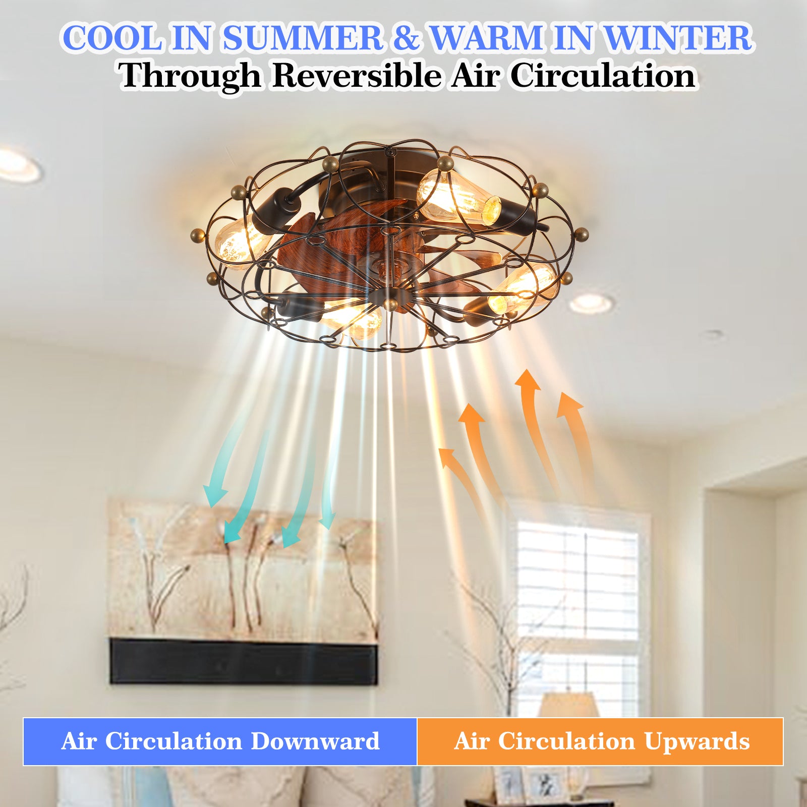 Low Profile Caged Ceiling Fan with Light and Remote - 20 Inch Industrial Flush Mount Fan