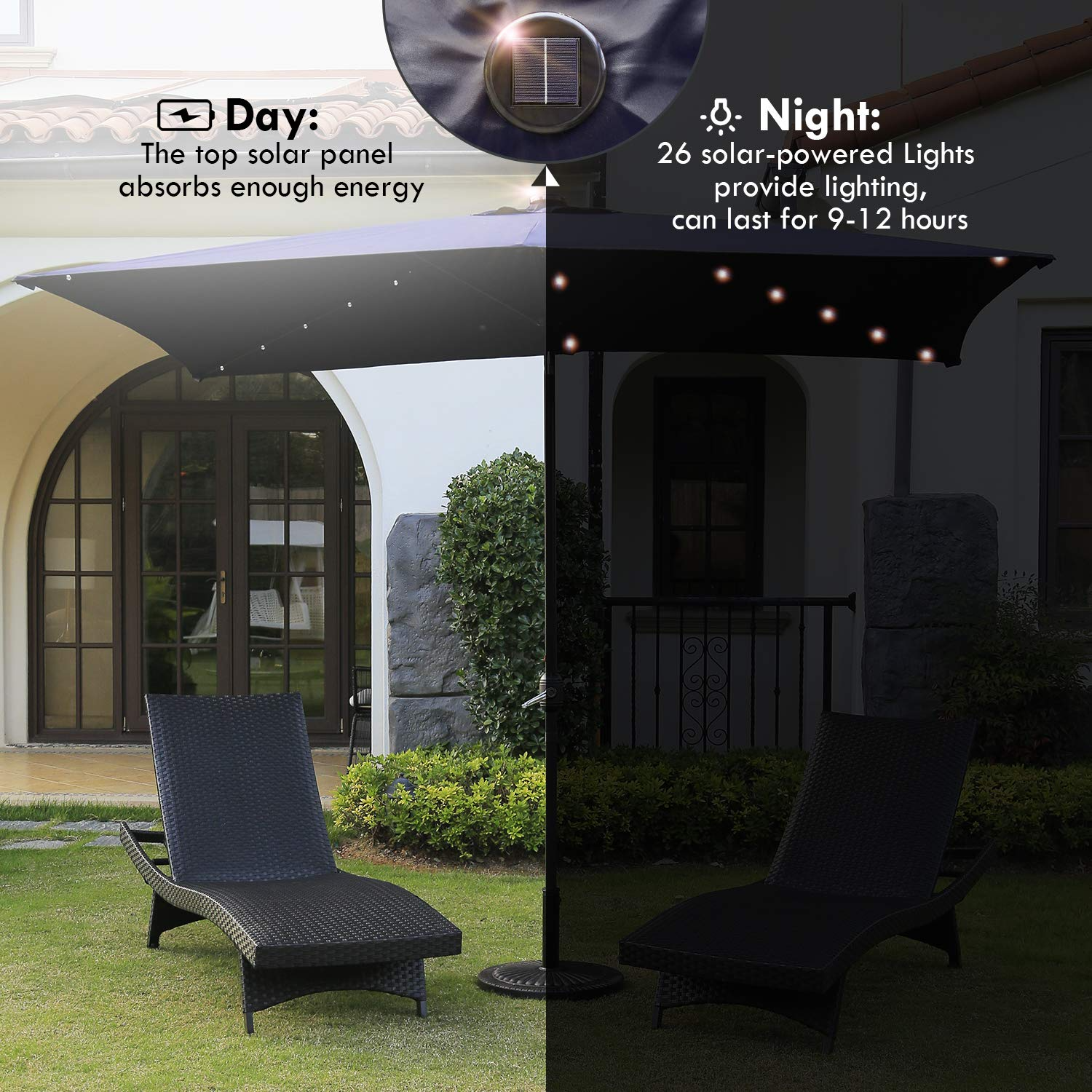 6.5 ft. x 10 ft Waterproof Rectangular Patio Umbrella with Solar Lights