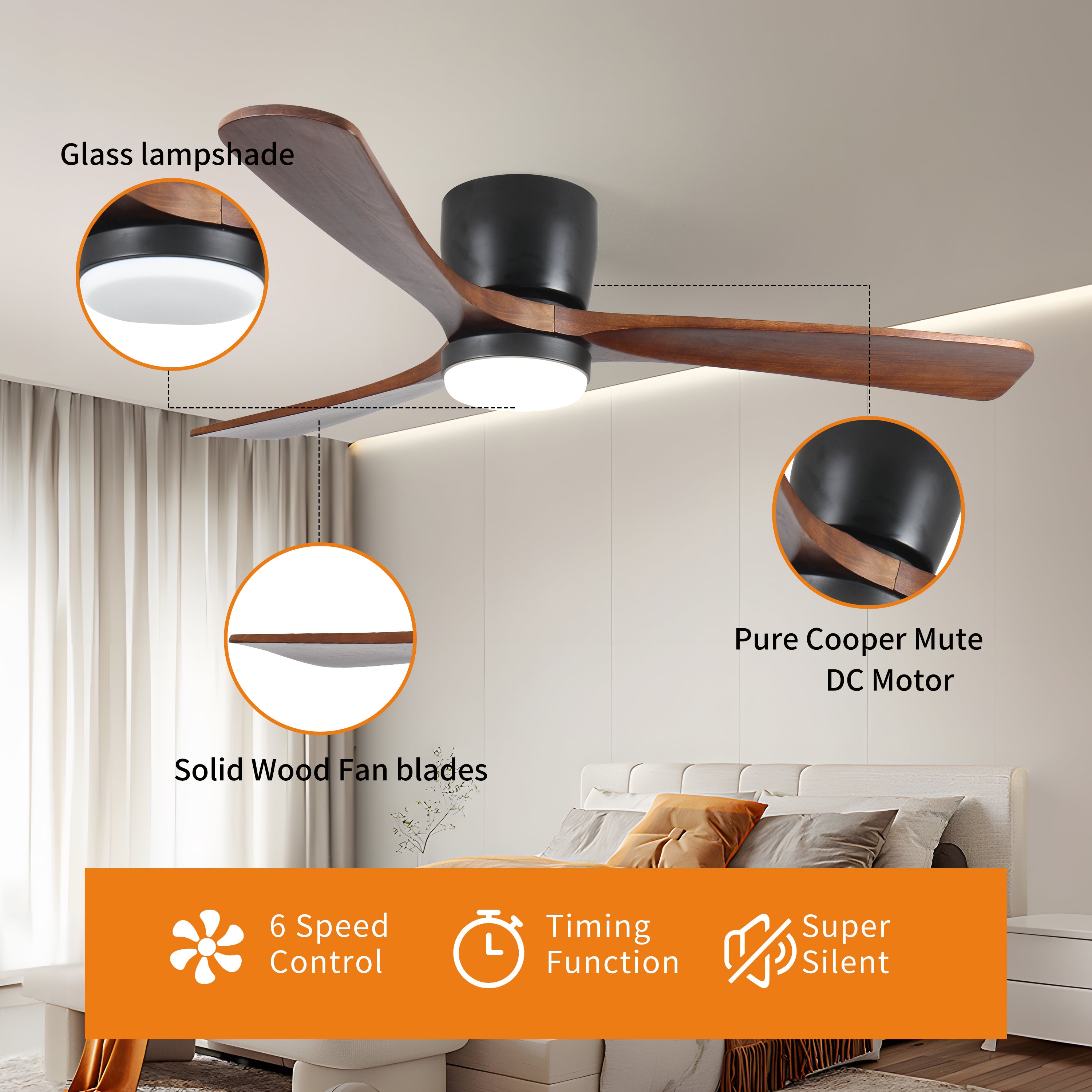 42 inch Black Wood Ceiling Fans with Lights, Remote control, 6 Speed