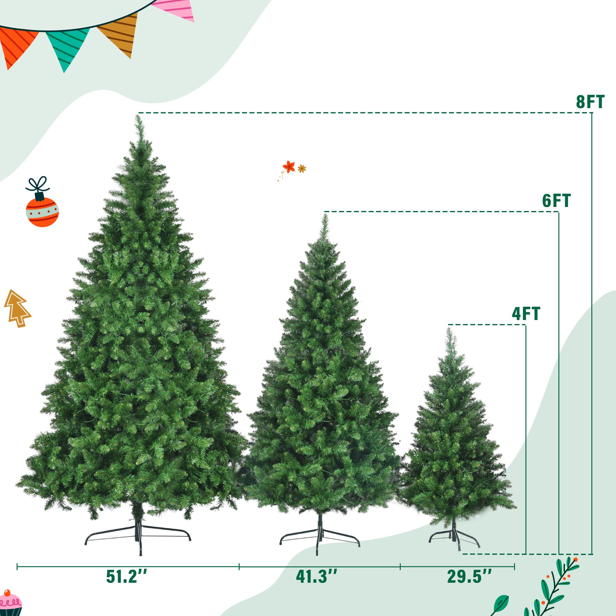 8FT, 6FT, 4FT Pre-Lit Green Pine Artificial Christmas Trees