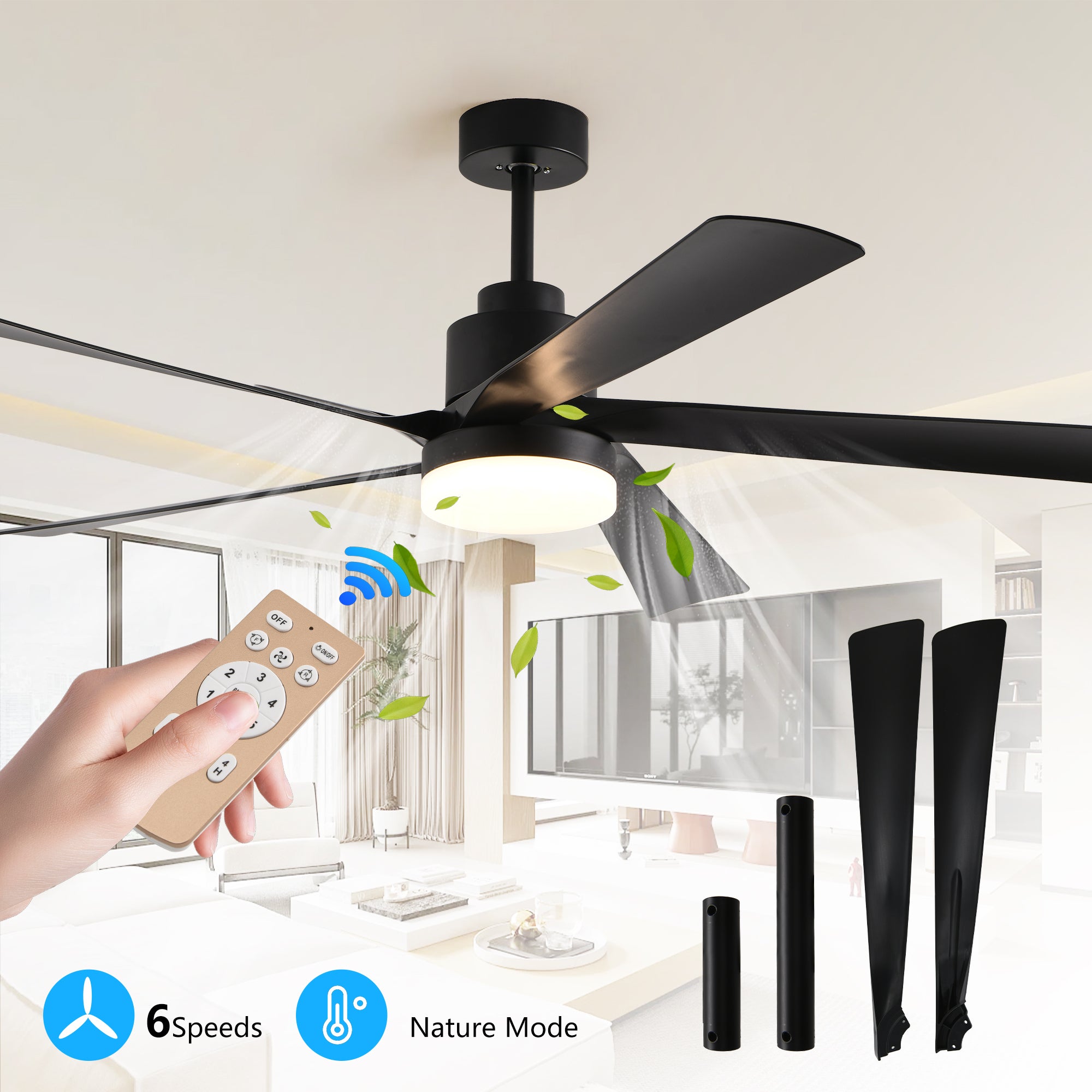 65 Inch Black Quiet Design Ceiling Fan with Light