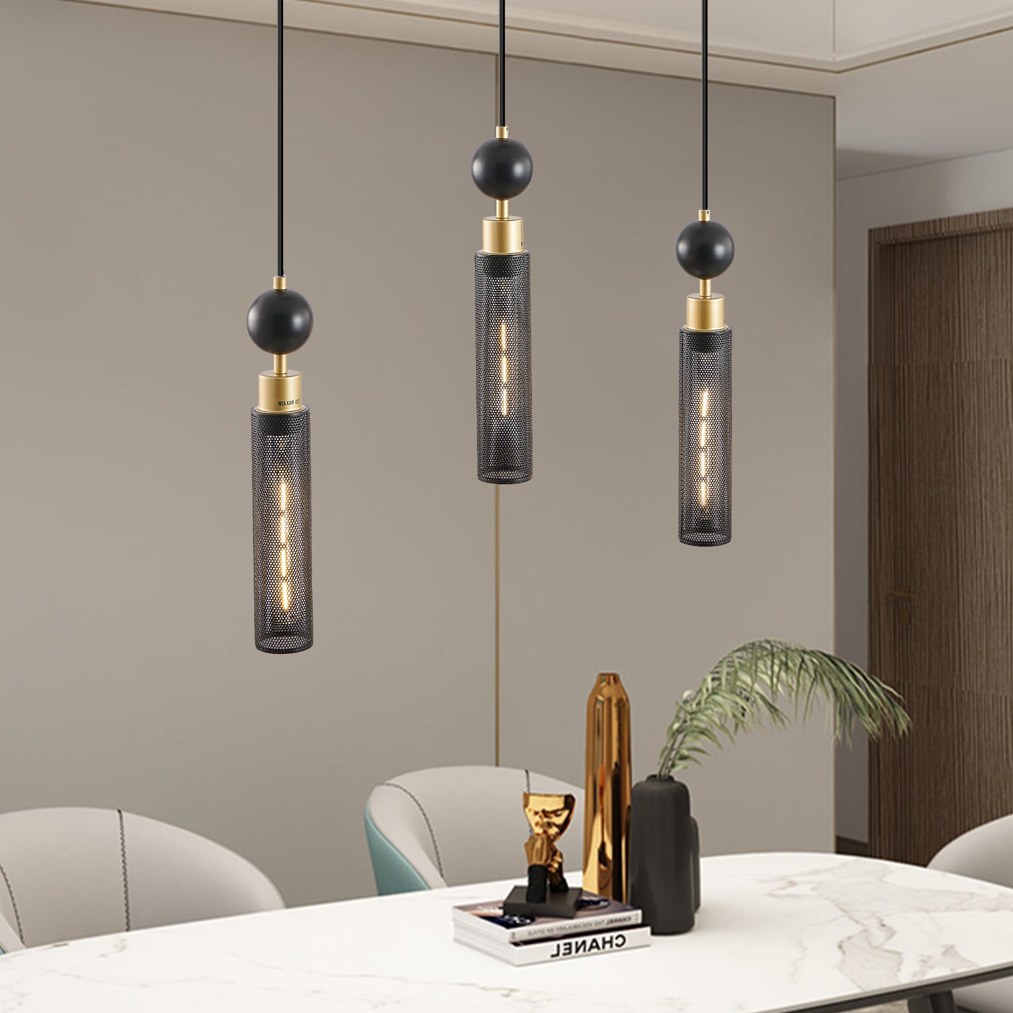 Black & Gold Adjustable 3-Light Pendant Chandelier - Kitchen Island