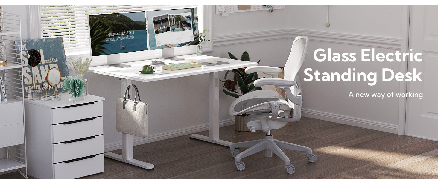 48" Electric Standing Desk with White Glass Top - Quick Assembly, Height Adjustable, T-Shape Base