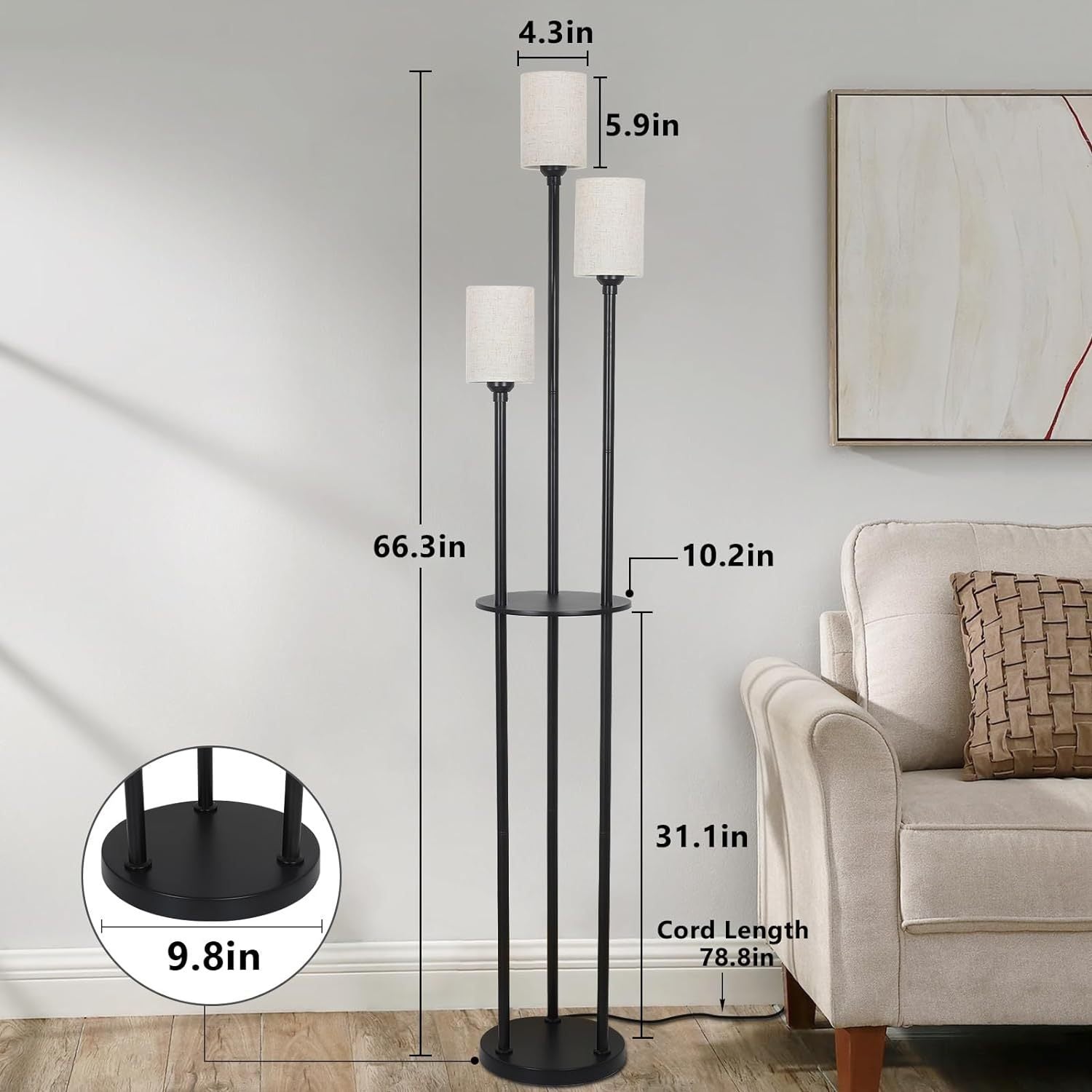 3-Lights 67inch Floor Lamp with Linen Shade and Foot Switch