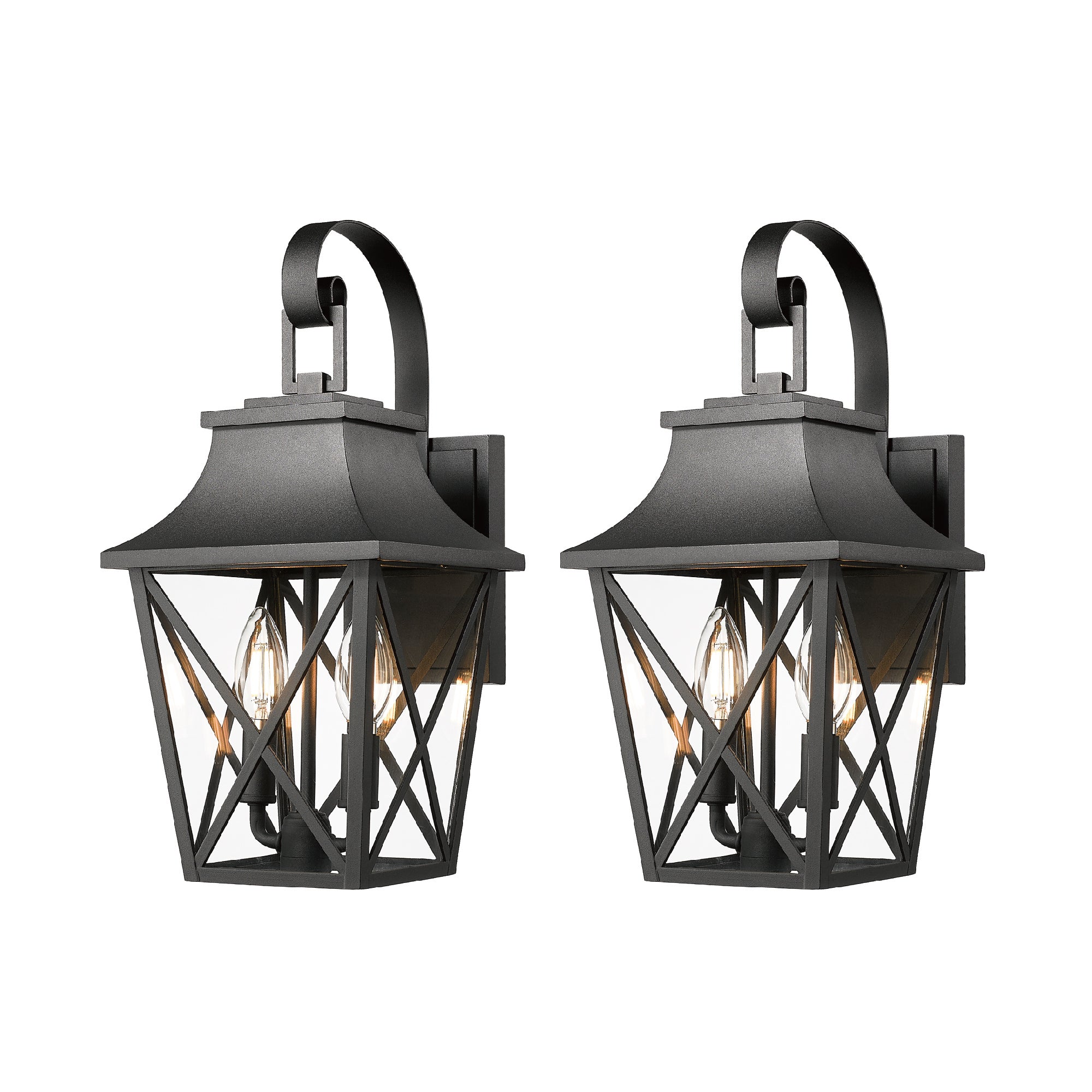 Black Outdoor Wall Lantern 2-Pack - Large Modern Porch Light with Glass Shade