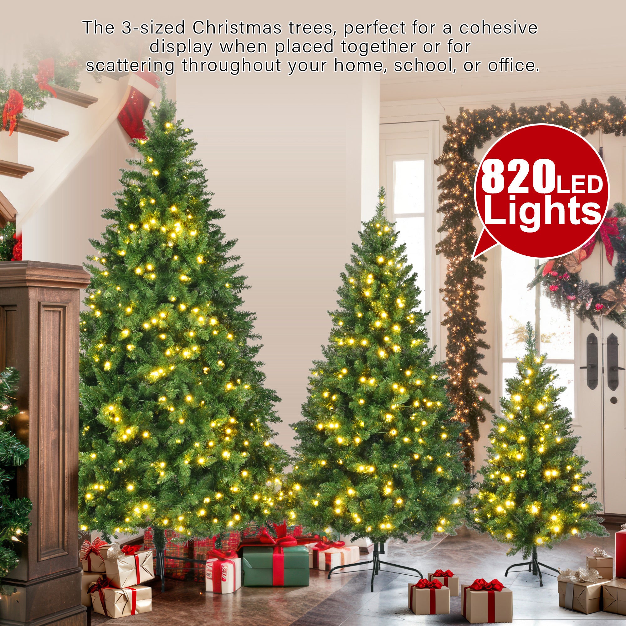 8FT, 6FT, 4FT Pre-Lit Green Pine Artificial Christmas Trees