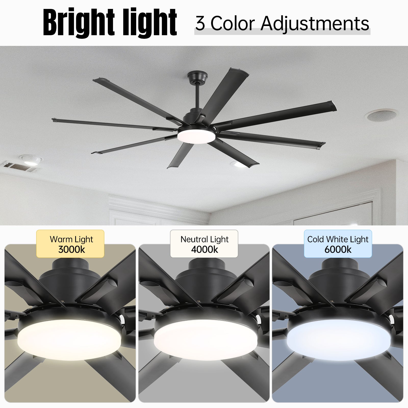 72 Inch Large Ceiling Fan with Remote Control - DC Motor Smart Fan for Living Room, 6 Speed Black Modern Design