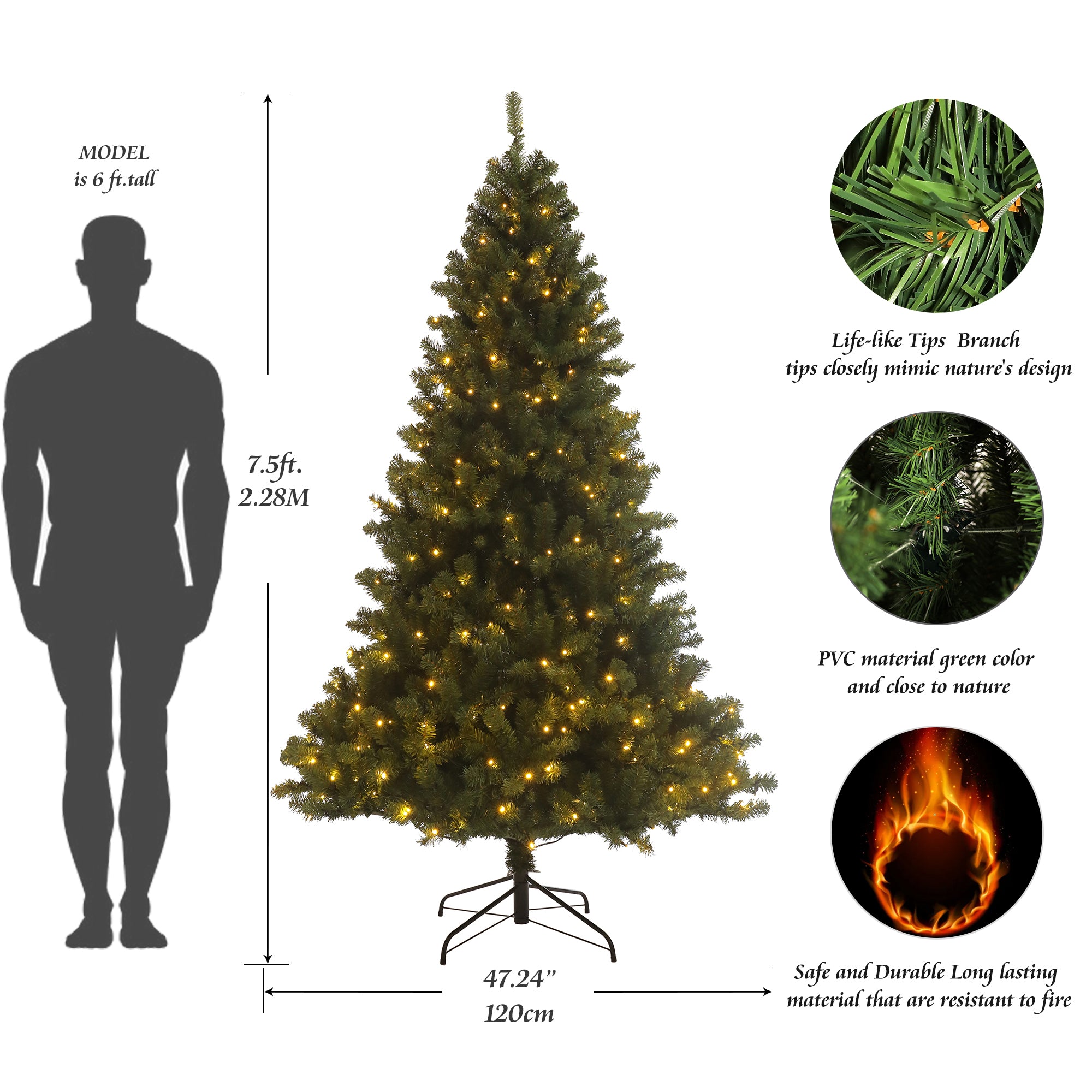 7.5ft Pre-lit Christmas Tree Artificial Hinged Xmas Tree