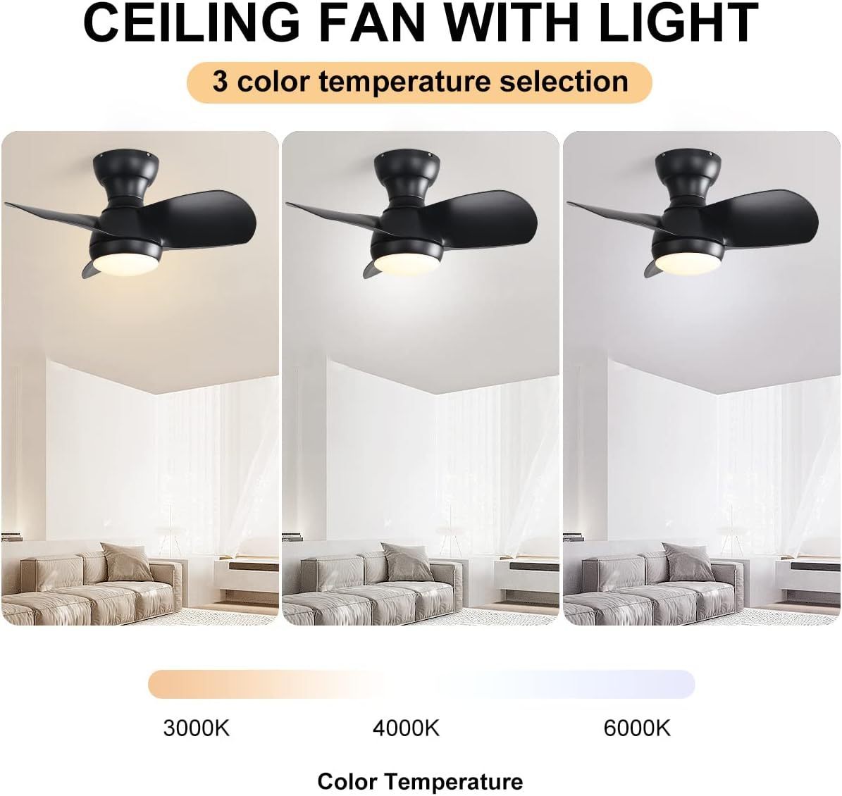 23" Black Indoor Ceiling Fan With 3 Color Remote Control DC Motor 18W