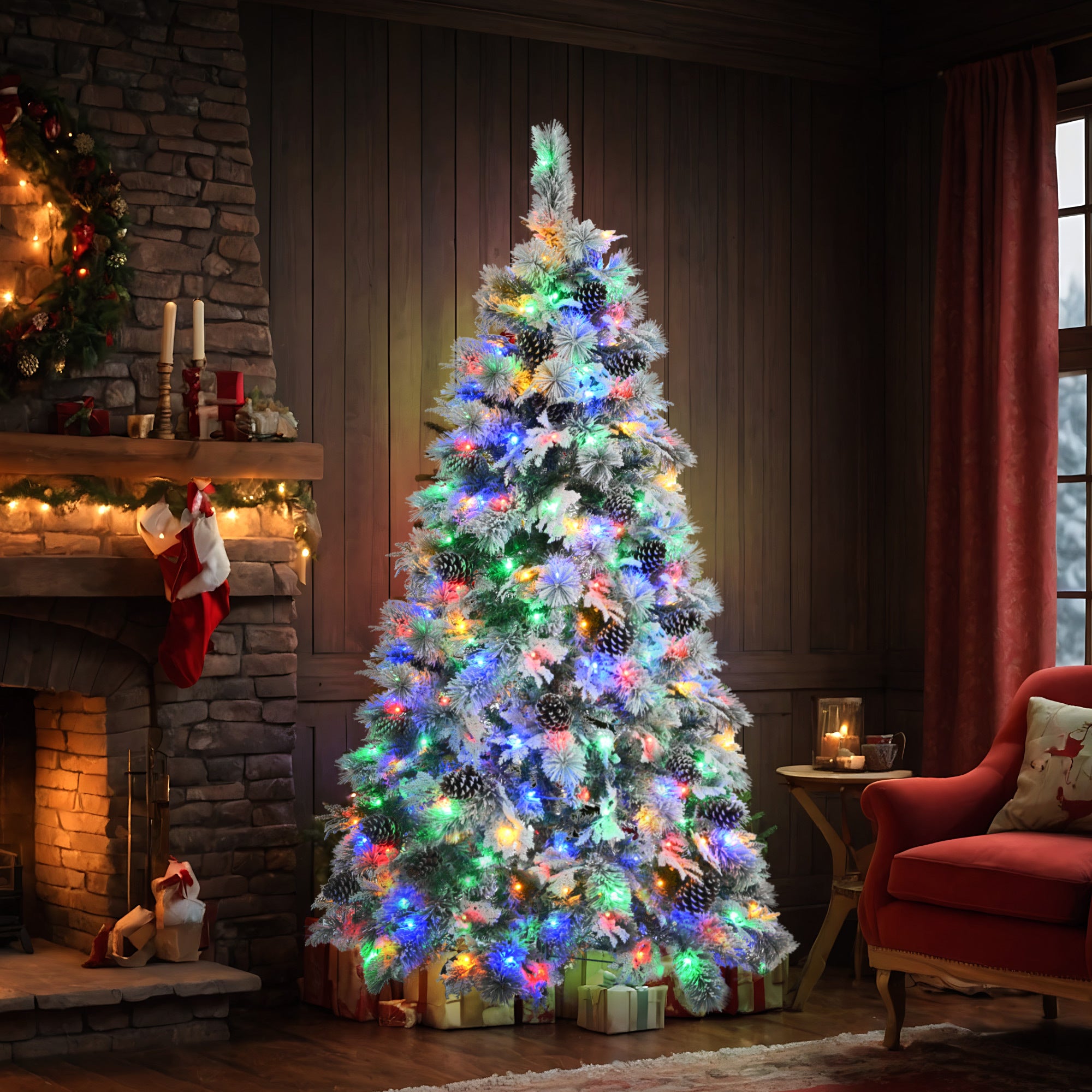 6FT Pre-Lit Spruce Snow Flocked Christmas Tree with Pine Cones