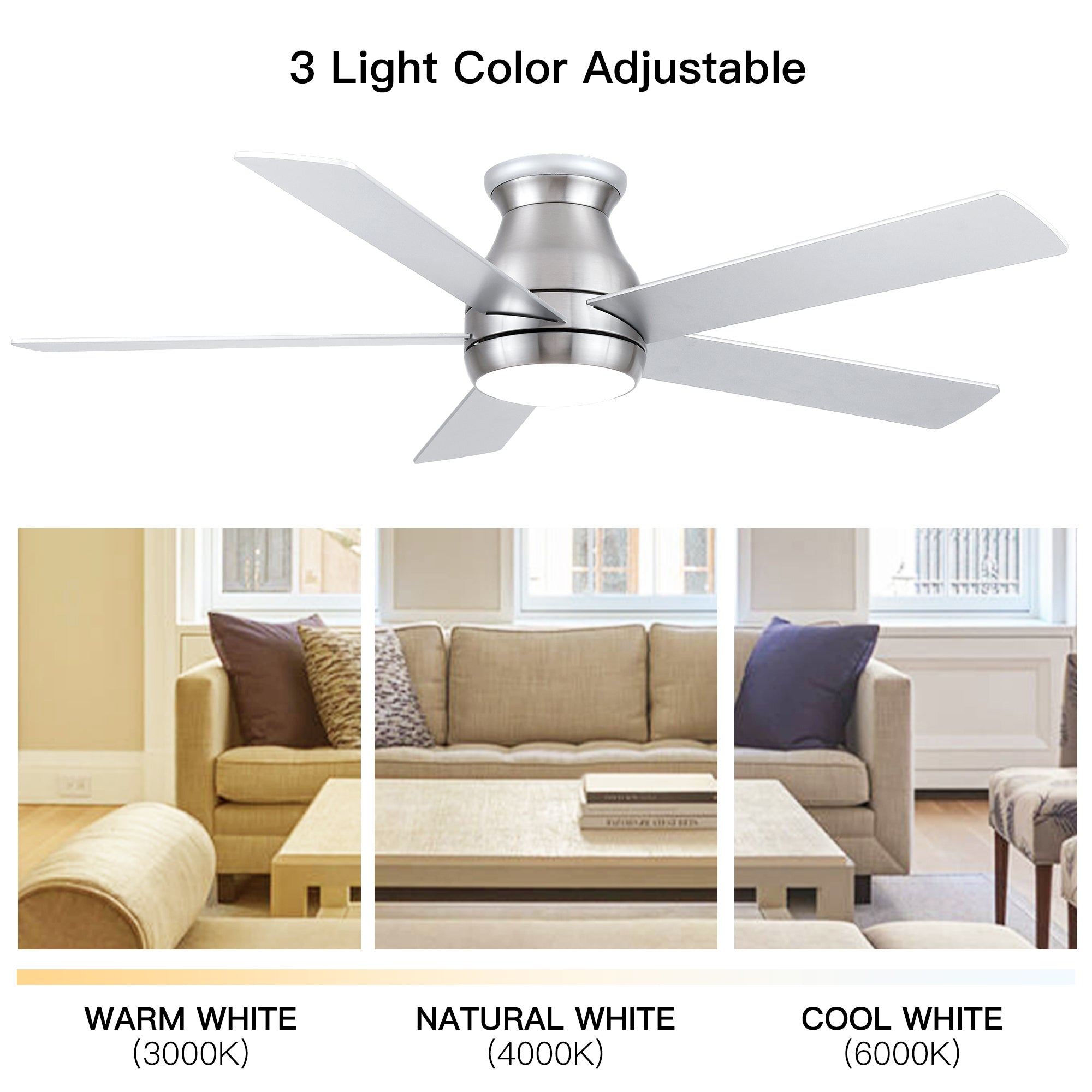 52" Low Profile Ceiling Fan in Brushed Nickel with Silver Blades