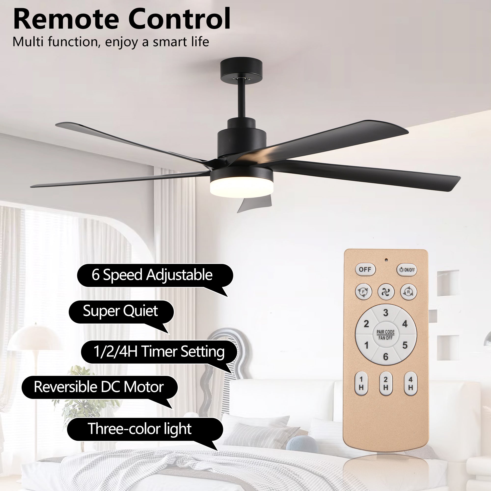 65 Inch Black Quiet Design Ceiling Fan with Light