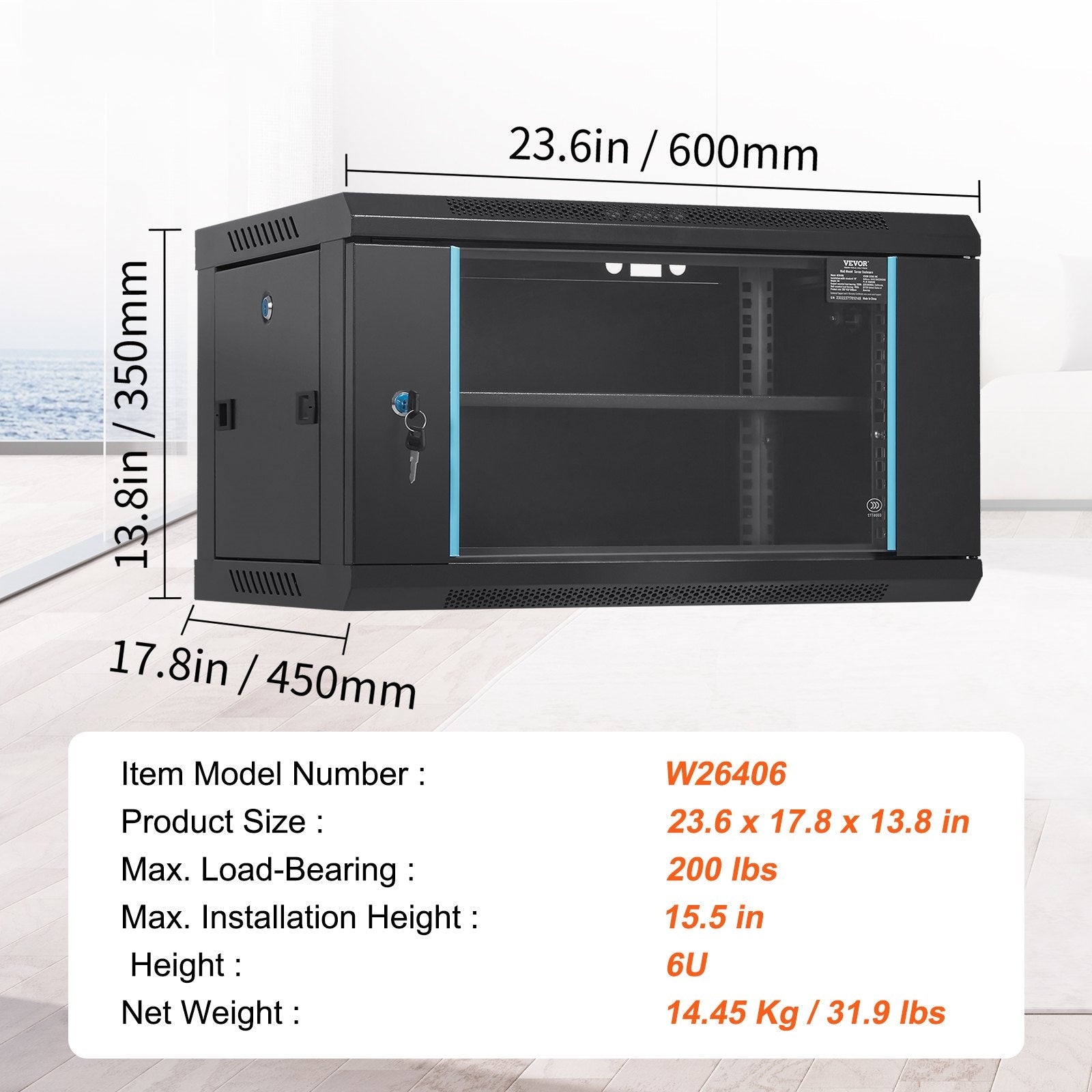 6U Wall Mount Network Server Cabinet - 15.5 Inch Deep Rack Enclosure with Locking Glass Door