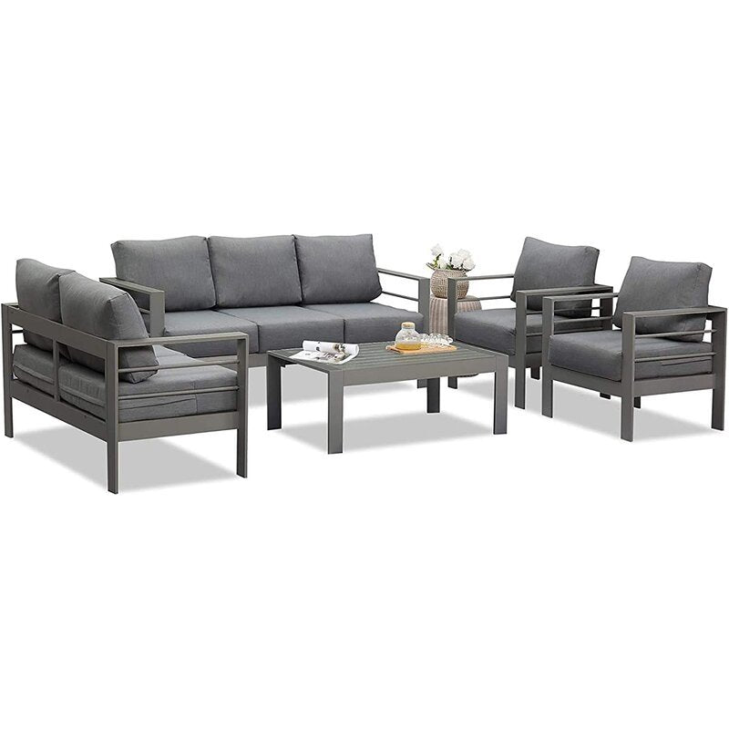 5 Piece Outdoor Aluminum Sectional Sofa Set - All-Weather Conversation Set with Dark Gray Cushions & Coffee Table