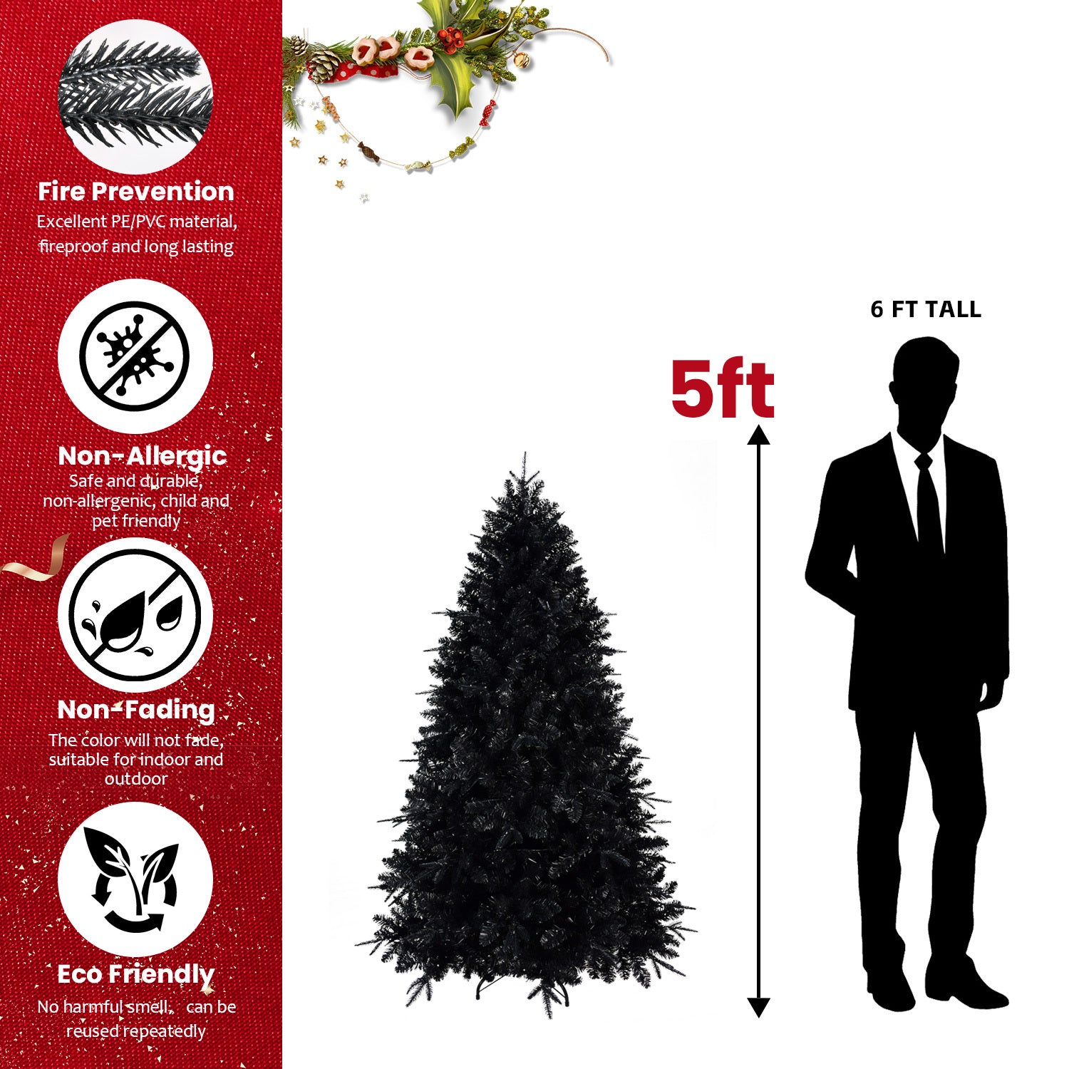 8ft Pre-Lit Black Christmas Tree