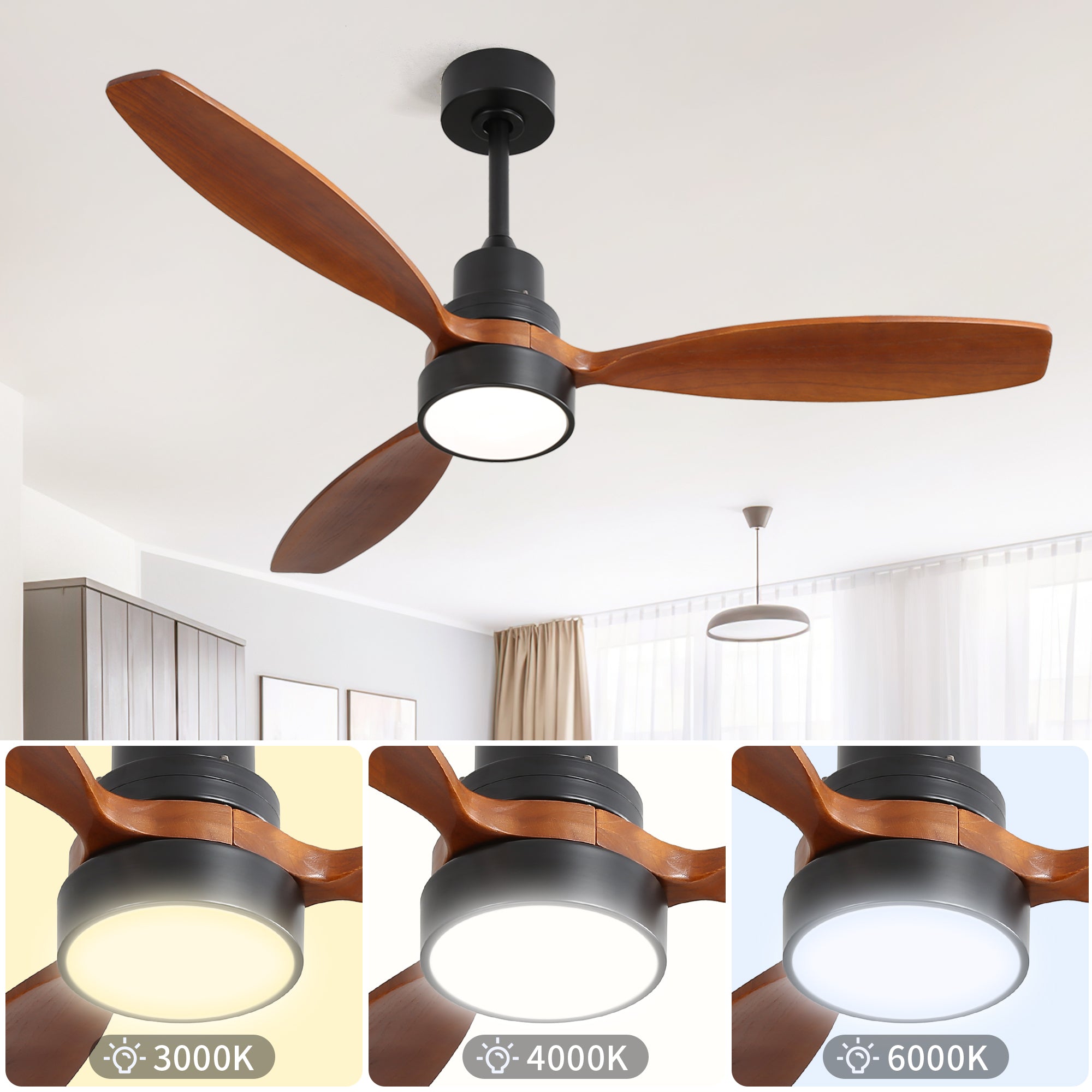 52 Inch Wooden Ceiling Fan With 3 Solid Wood Blades Remote Control