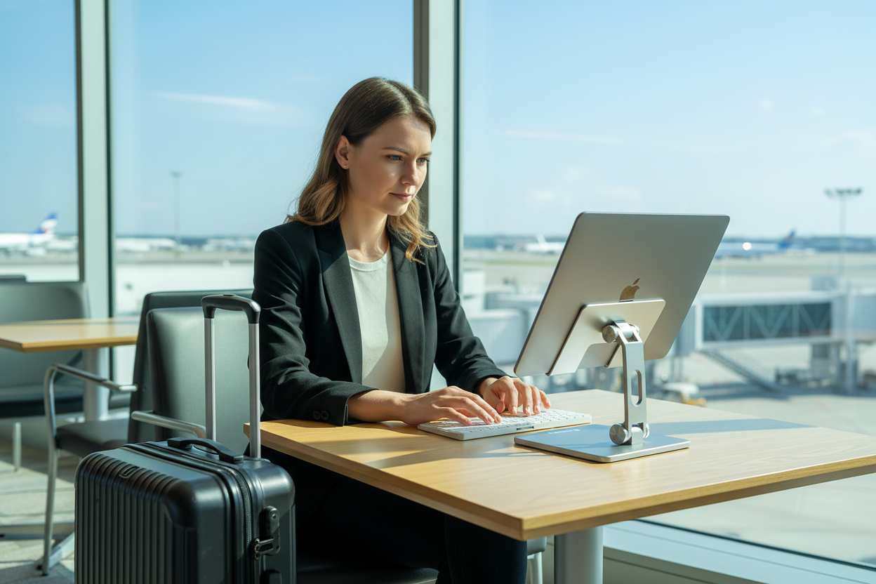 American remote worker using a Rackora stand at a bright U.S. airport workspace