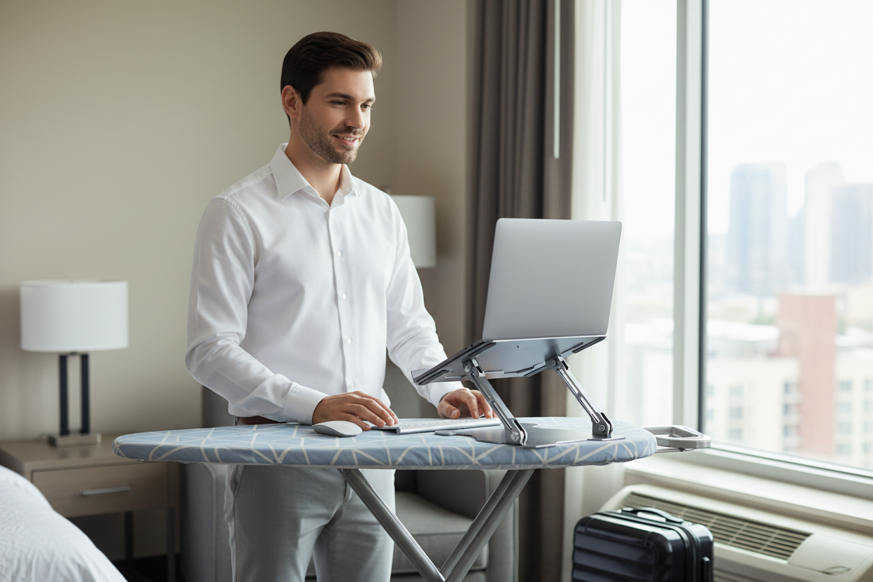 American remote worker using a Rackora laptop stand on an ironing board in a bright hotel room